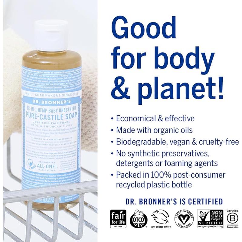 Jabón Líquido Dr. Bronner's Puro-Castile 236.6 ml Sin Fragancia