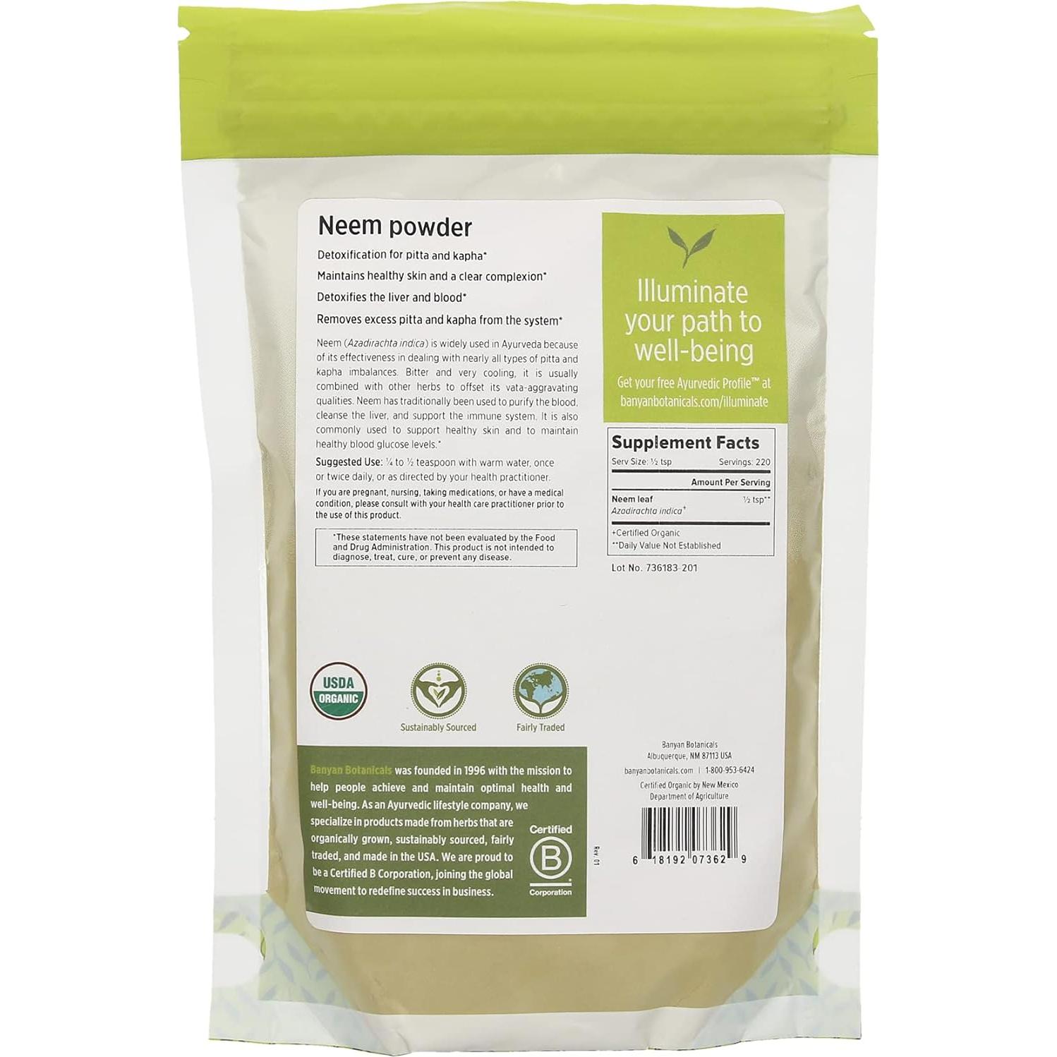 Polvo de Neem Orgánico Banyan Botanicals 226.8 g - Purificante