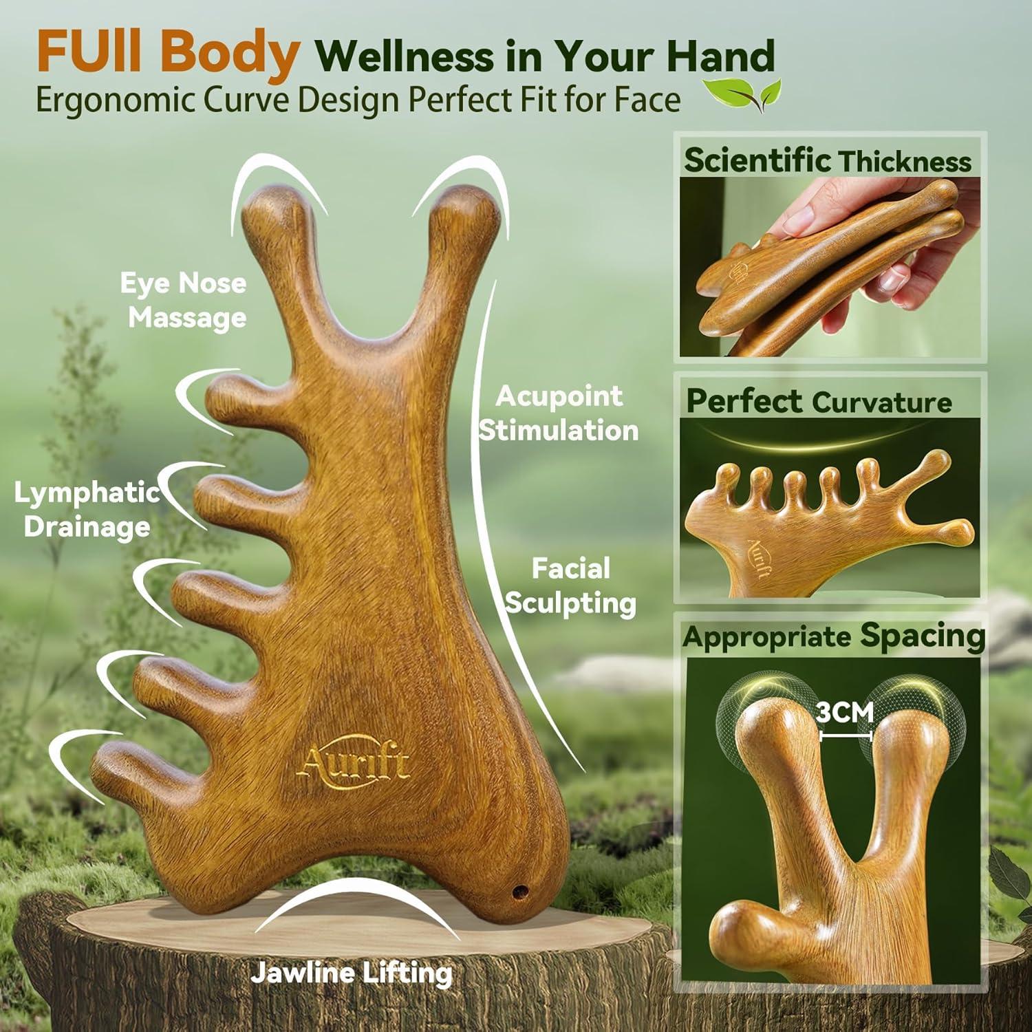 Gua Sha Multifuncional Aurift de Sándalo Verde 4-en-1