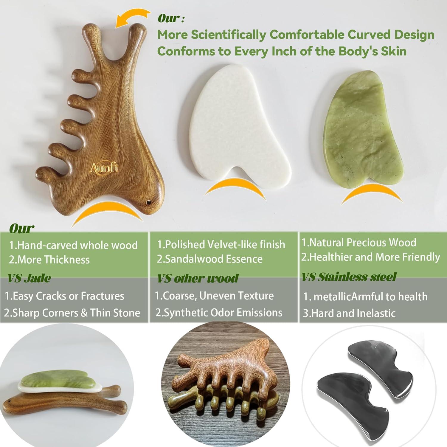 Gua Sha Multifuncional Aurift de Sándalo Verde 4-en-1