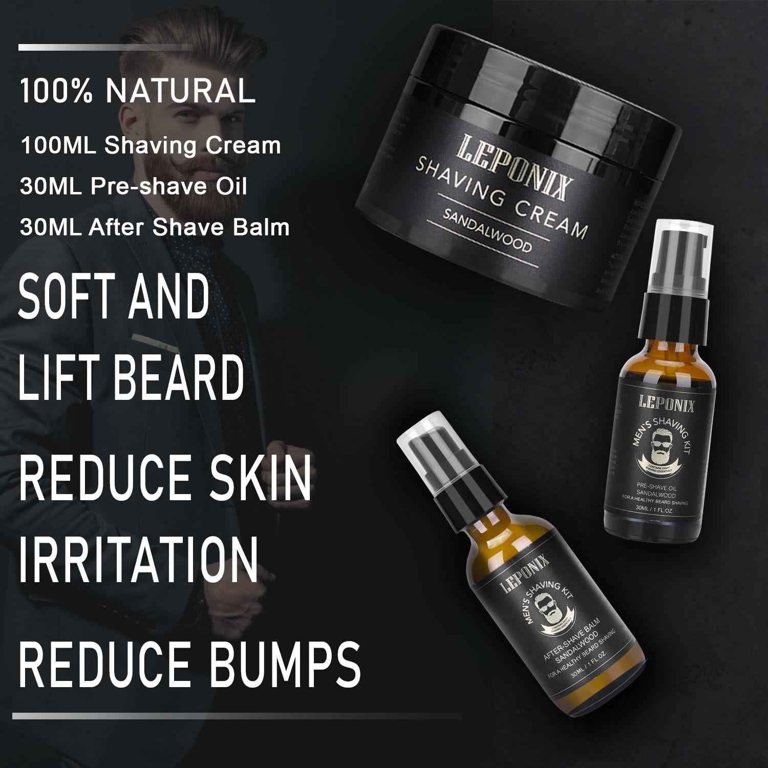 Kit de Afeitado LEPONIX para Hombres - Crema, Aceite y Balsamo