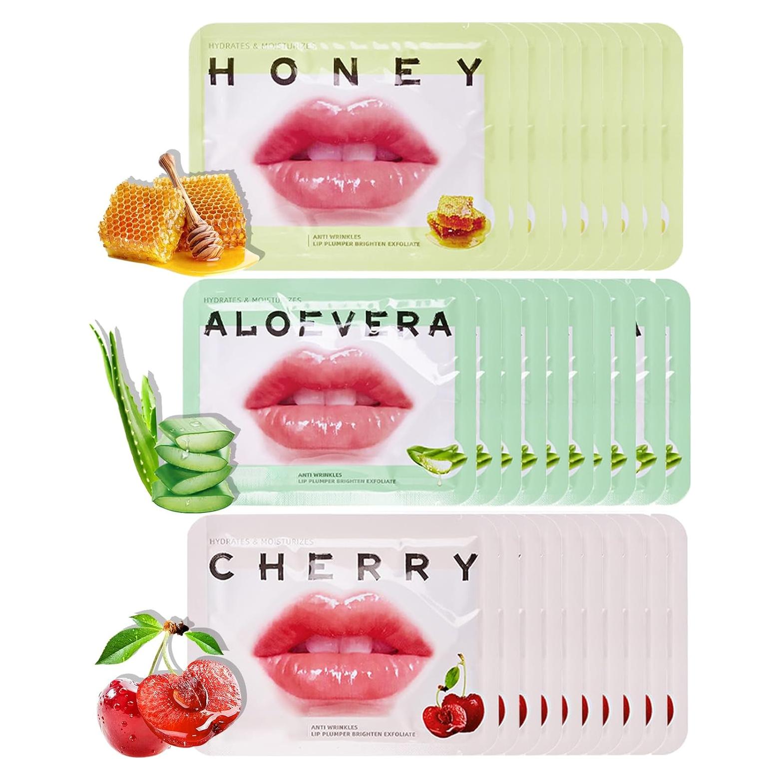 30 Mascarillas Hidratantes para Labios Qawnfy - Miel, Cereza, Aloe Vera
