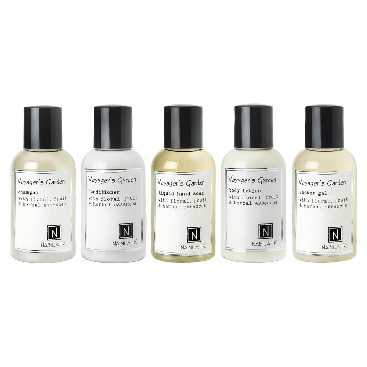 Kit de Viaje Nabila K - Champú, Acondicionador, Gel, Jabón 59.15 ml