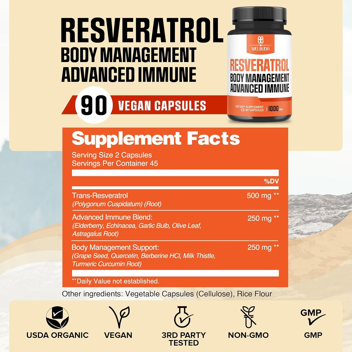 Suplemento de Trans-Resveratrol Welbuda 1000mg 90 Cápsulas