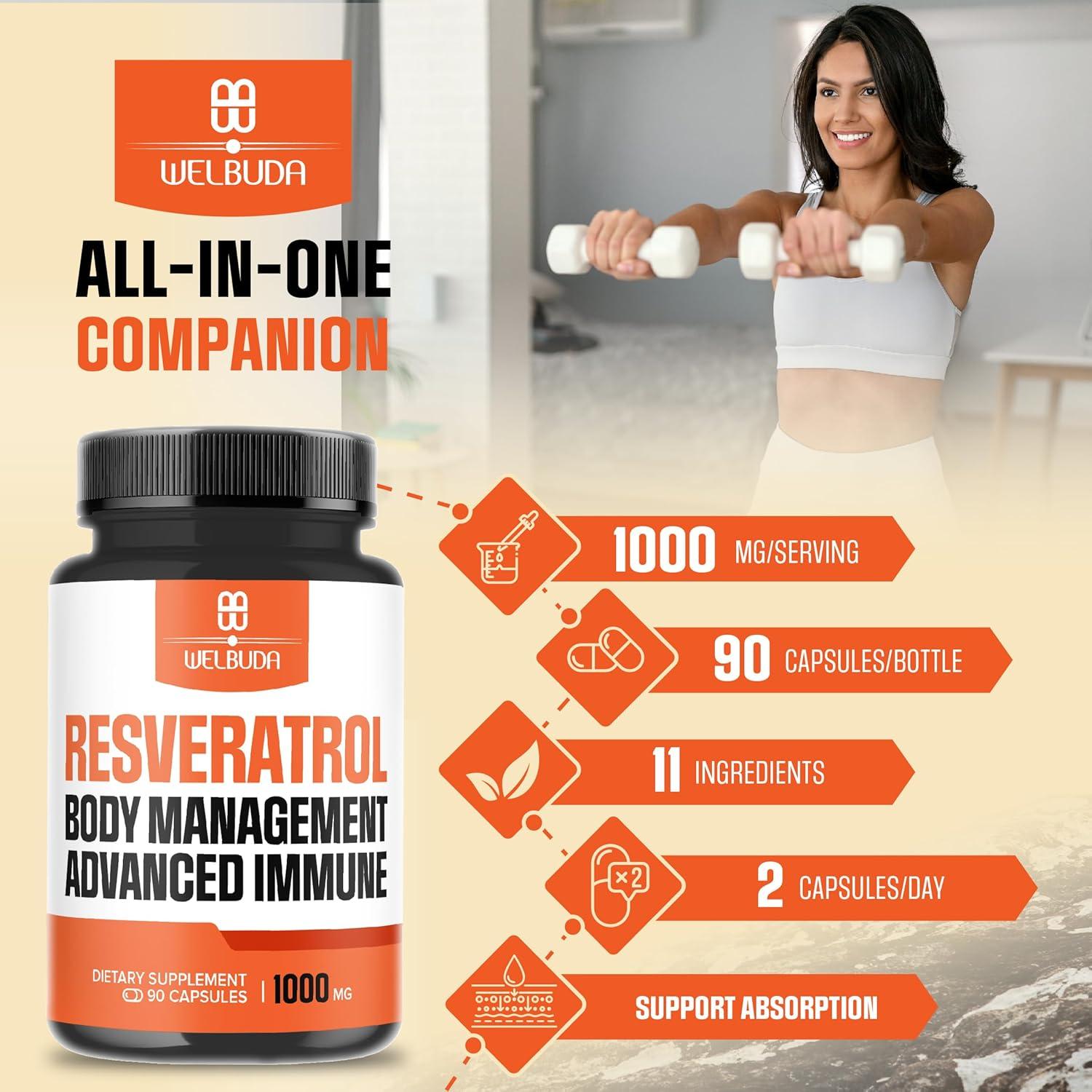 Suplemento de Trans-Resveratrol Welbuda 1000mg 90 Cápsulas