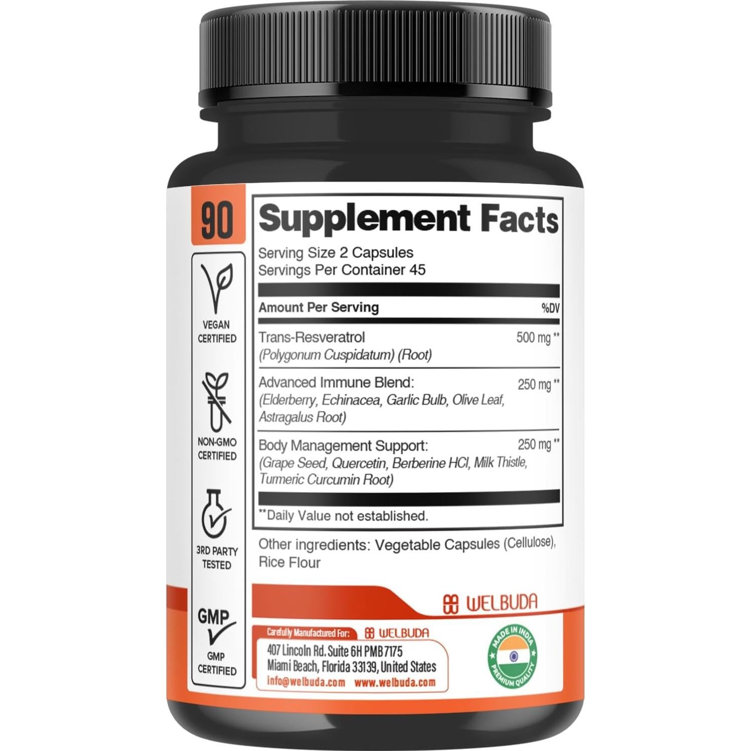 Suplemento de Trans-Resveratrol Welbuda 1000mg 90 Cápsulas