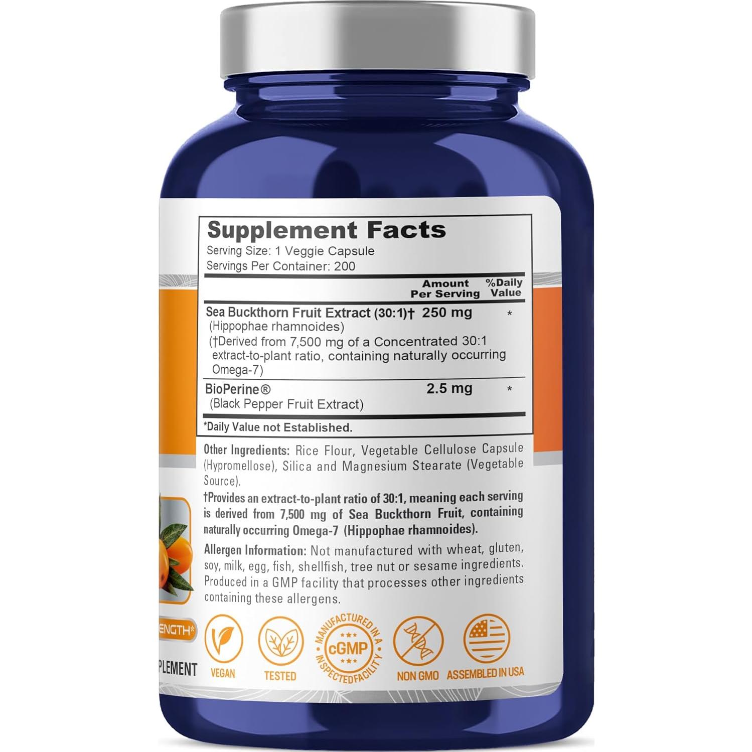 Extracto de Espino Cerval de Mar Omega-7 NusaPure 250 mg 200 Cápsulas