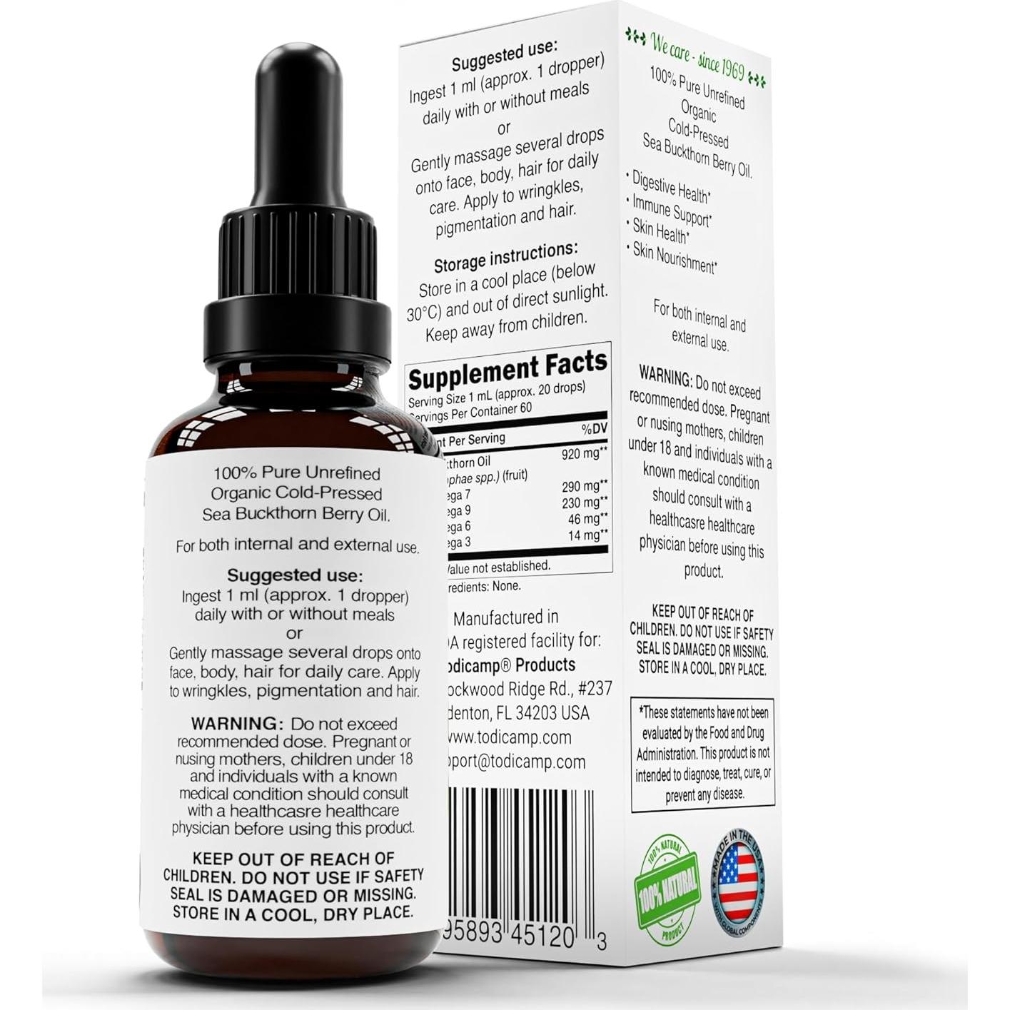 Aceite de Espino Marino Orgánico Todicamp 60 ml - Suplemento Nutricional