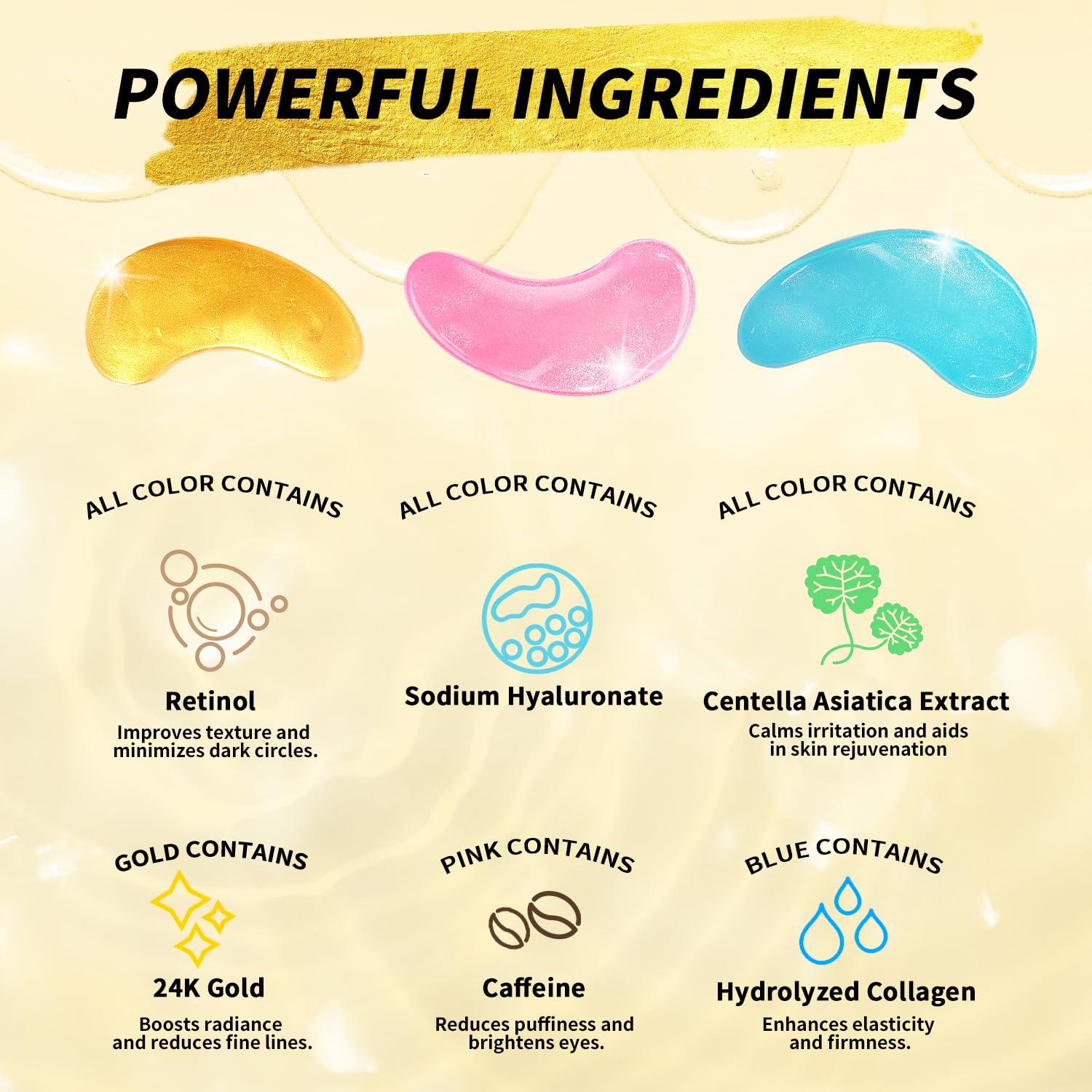 Parche para Ojos Tibobo - 12 Pares Oro 24K, Retinol, Cafeína