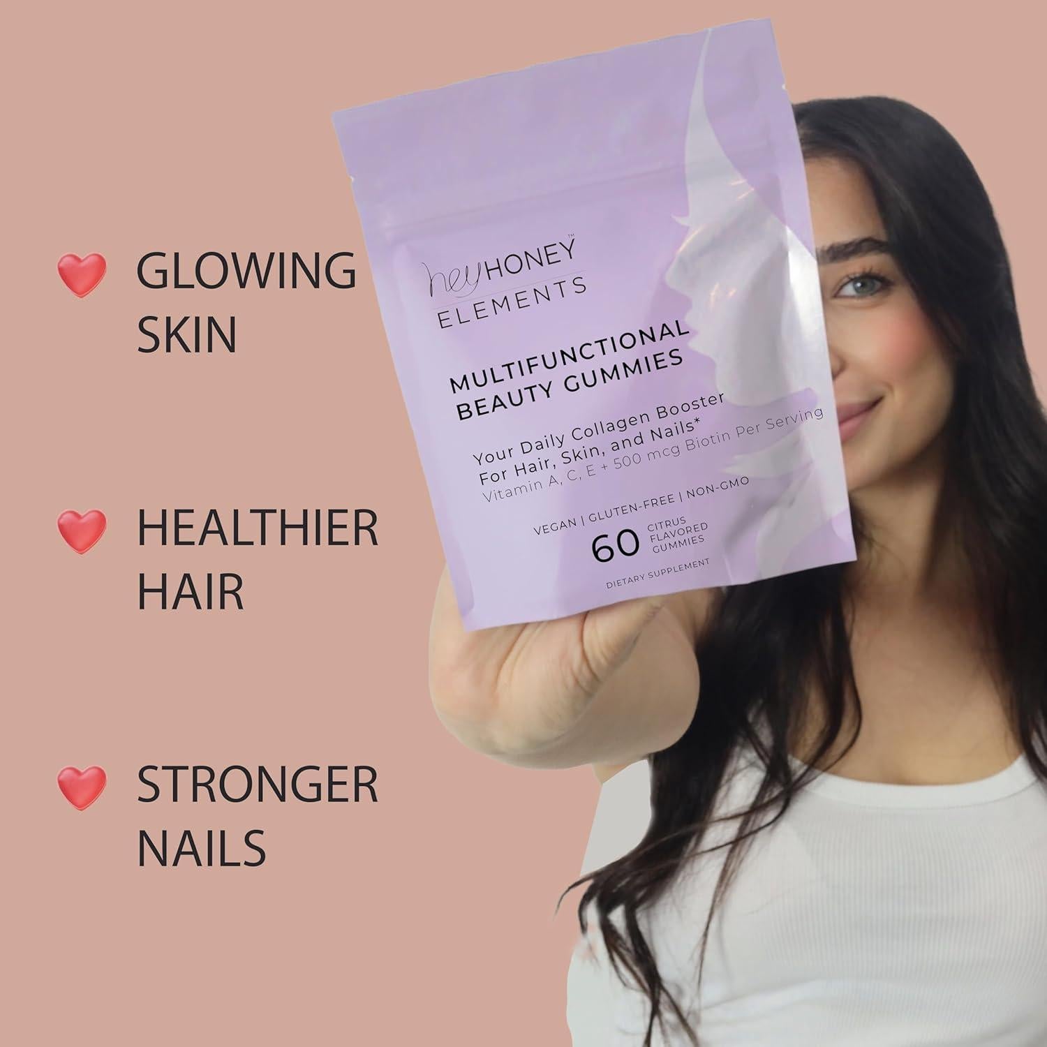 Gomas de Belleza Veganas Hey Honey para Piel, Cabello y Uñas - 60 Unidades