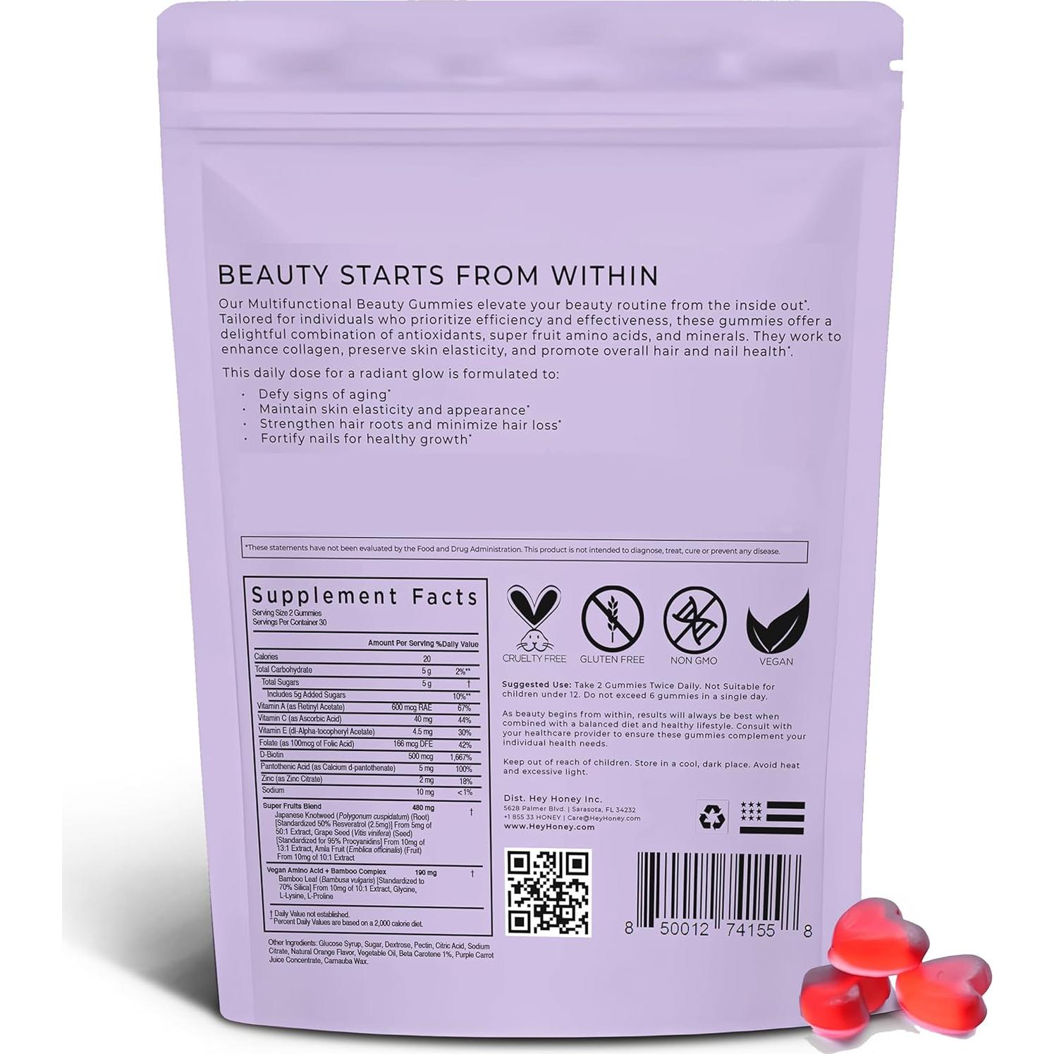 Gomas de Belleza Veganas Hey Honey para Piel, Cabello y Uñas - 60 Unidades