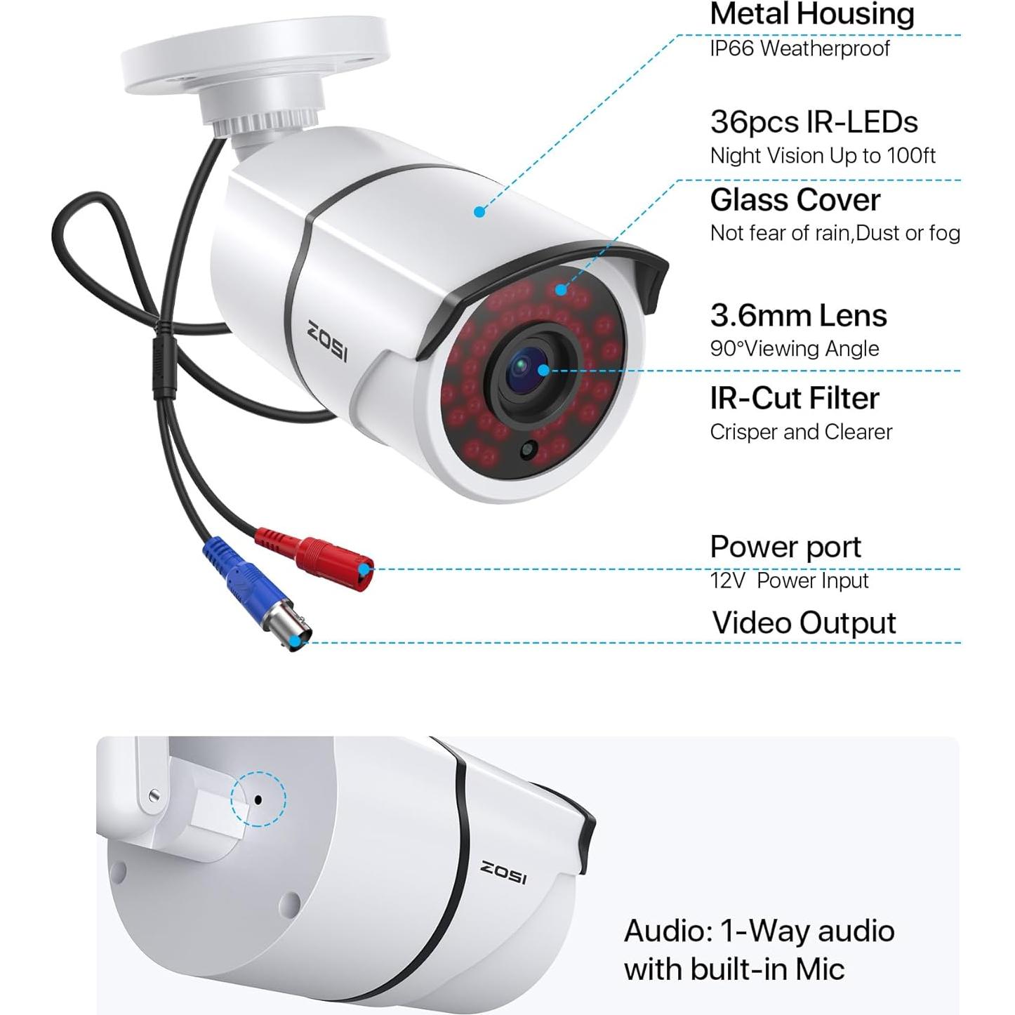 Cámara de Seguridad ZOSI 1080P HD-TVI 4 Pack con Visión Nocturna