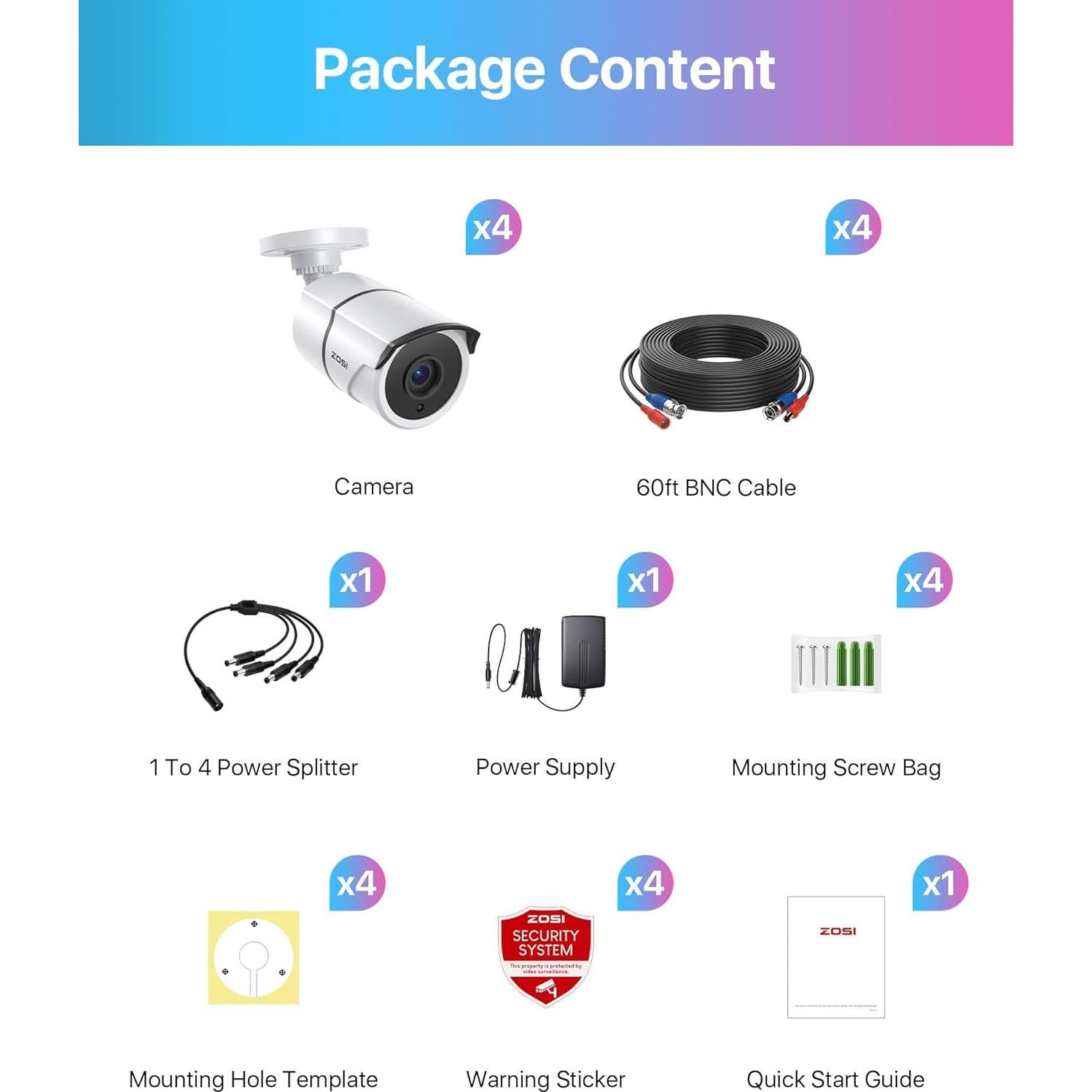 Cámara de Seguridad ZOSI 1080P HD-TVI 4 Pack con Visión Nocturna