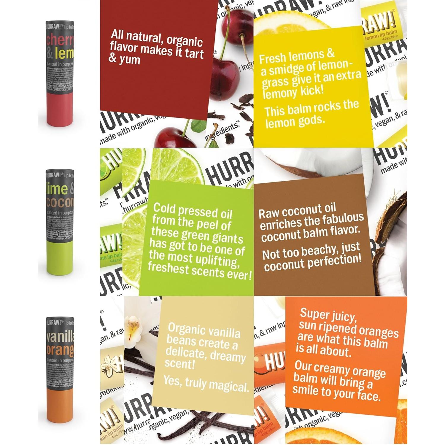 Paquete de 3 bálsamos labiales Hurraw! orgánicos 4.8g