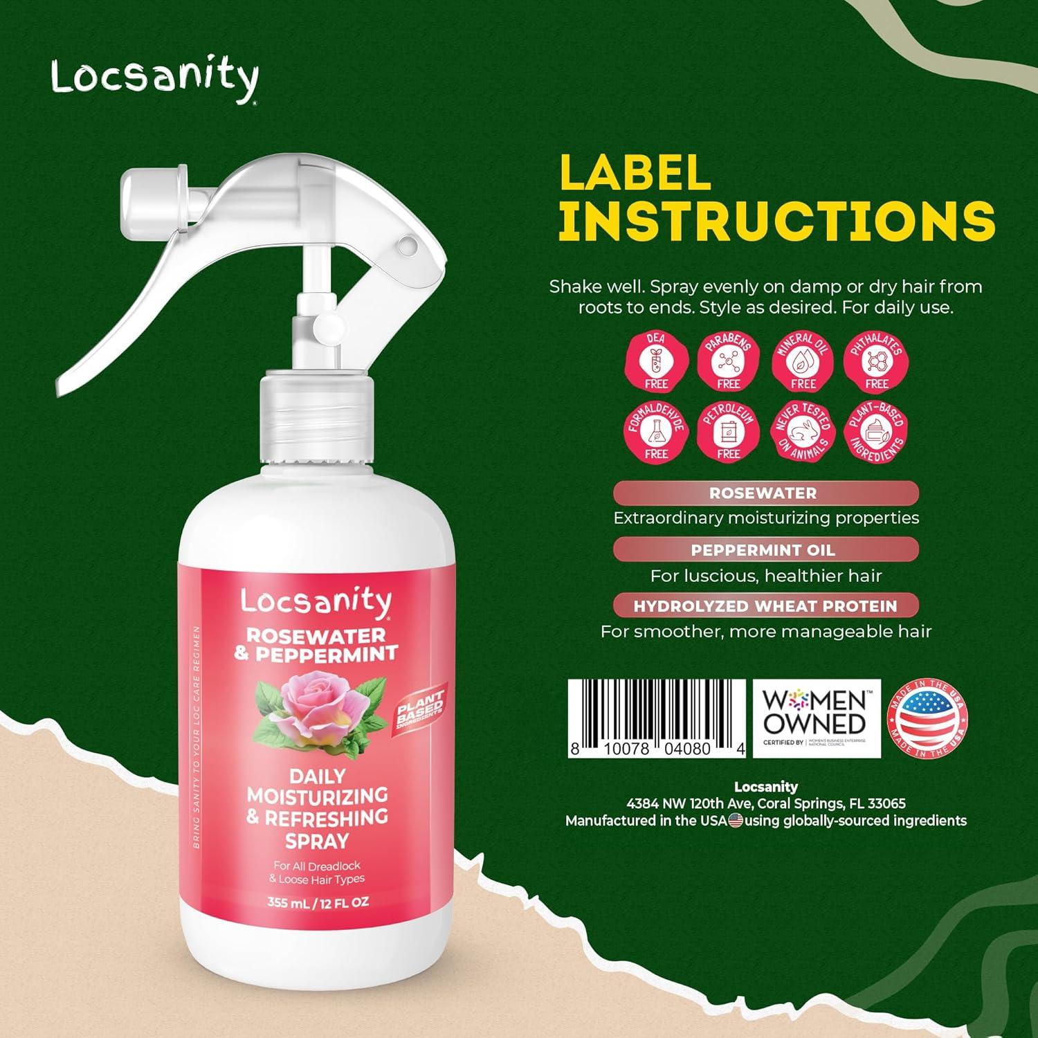 Spray Refrescante Locsanity 340g - Agua de Rosa y Menta para Locs