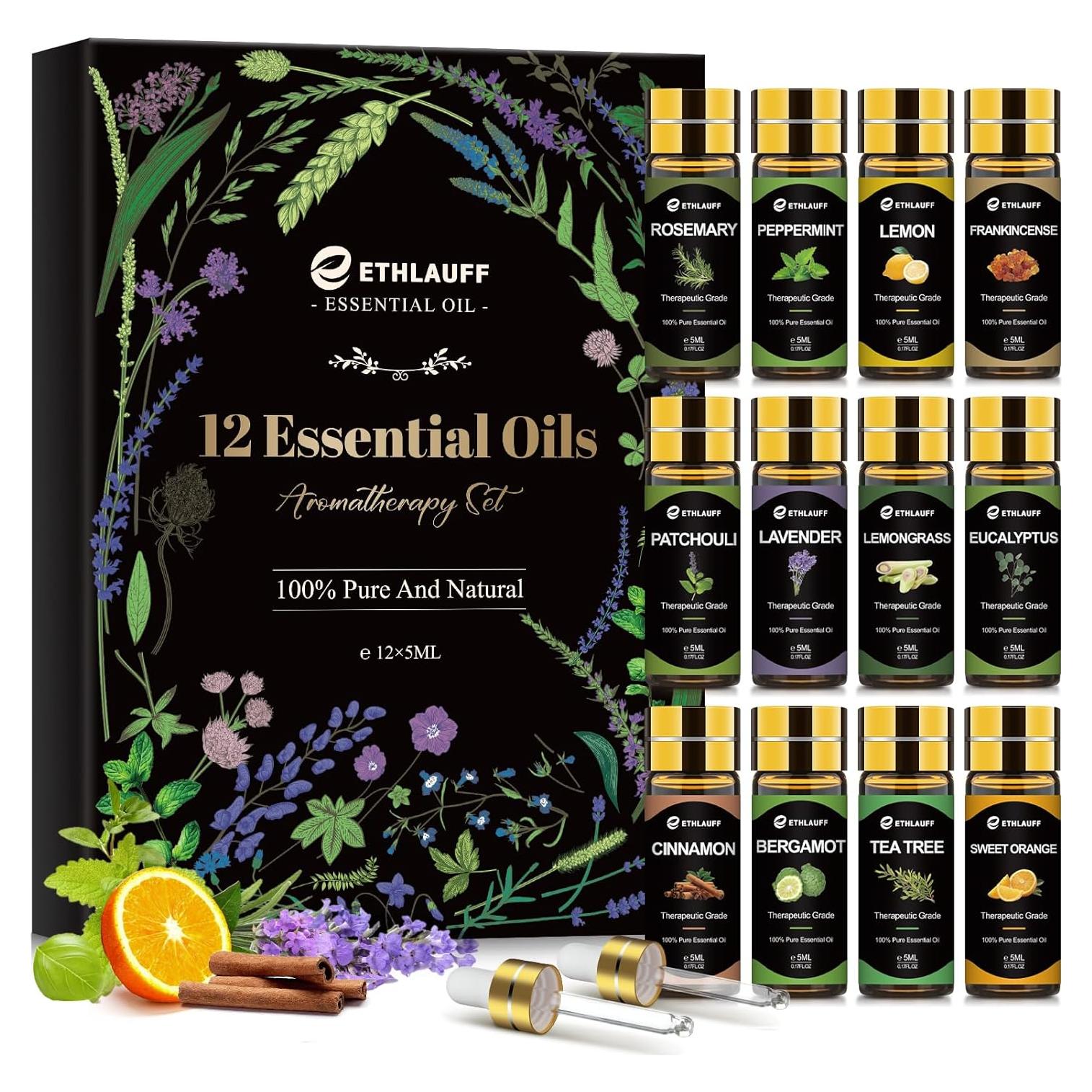 Juego de 12 Aceites Esenciales Ethlauff 5 ml para Difusores