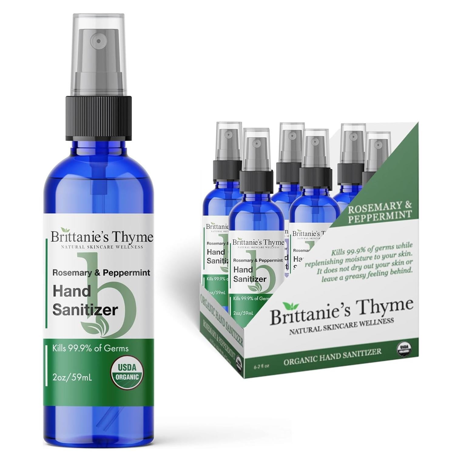 Brittanie's Thyme Organic Travel Hand Sanitizer Spray, Rosemary & Peppermint 2oz 6 Count | Vitamin E Aloe Moisturizing | Non Greasy & Replenishes Moisture & Nourishes Skin