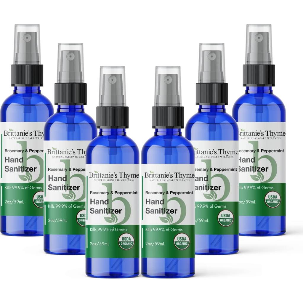 Brittanie's Thyme Organic Travel Hand Sanitizer Spray, Rosemary & Peppermint 2oz 6 Count | Vitamin E Aloe Moisturizing | Non Greasy & Replenishes Moisture & Nourishes Skin