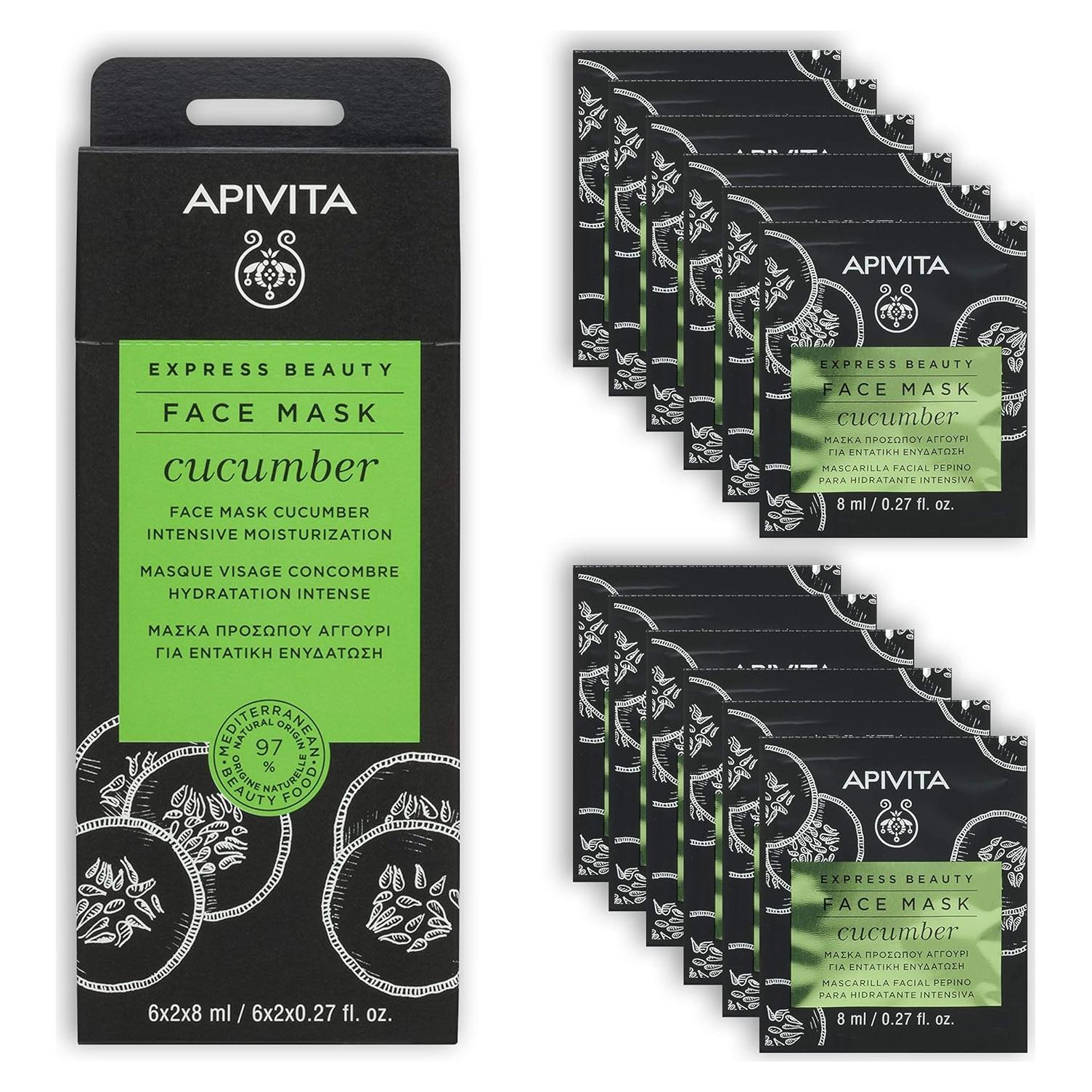 Mascarilla Facial Apivita Express Beauty - Hidratante Pepino, 12 Unidades