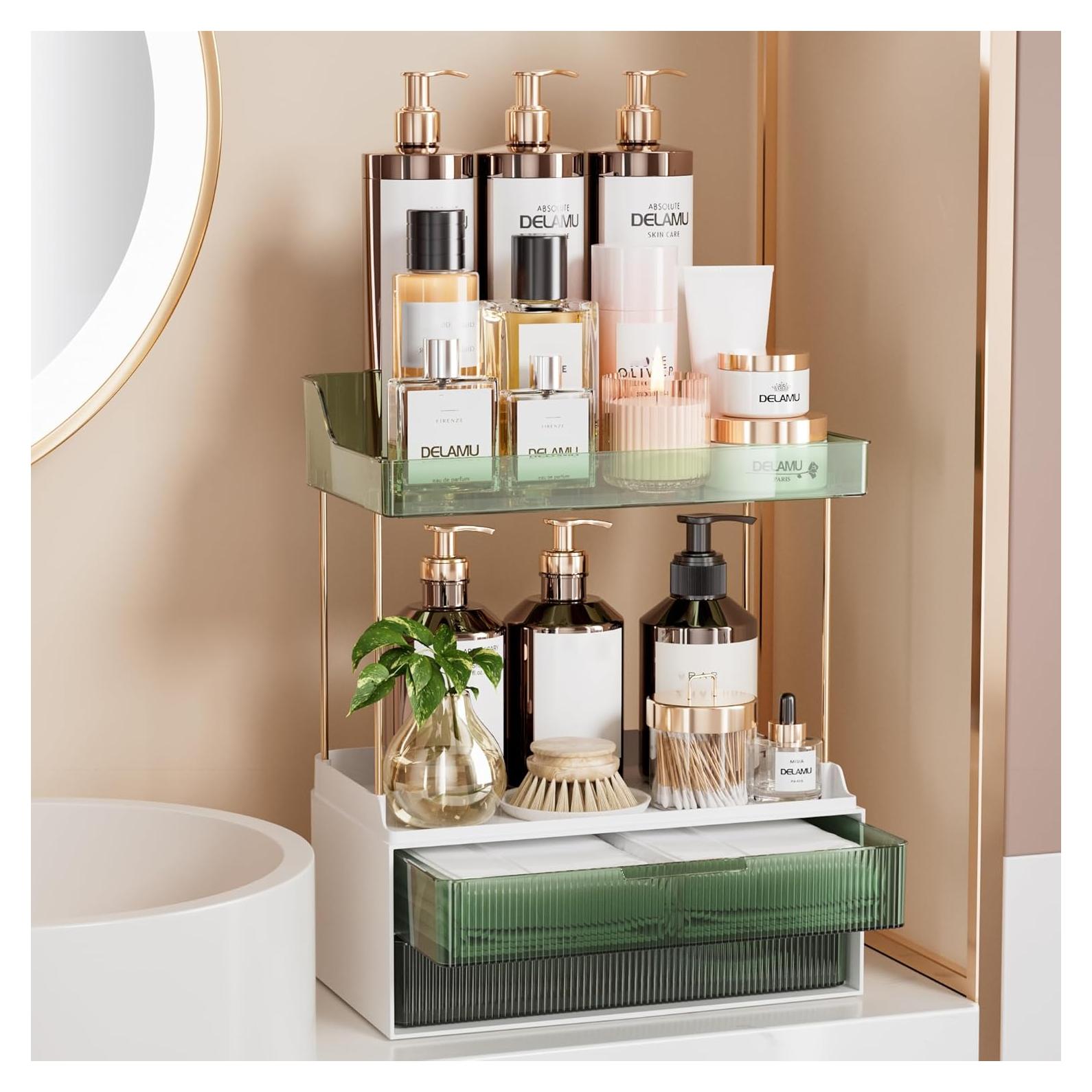 Organizador de Maquillaje Delamu Verde 2 Niveles 2 Cajones