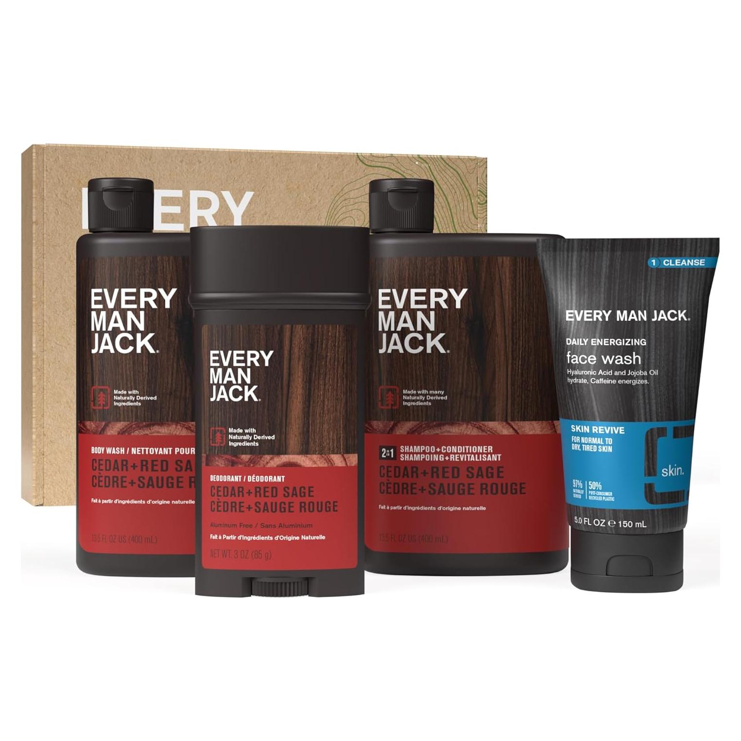 Set de Regalo Every Man Jack para Hombres - Gel de Ducha, Champú 2 en 1, Desodorante y Limpiador Facial - Aroma Cedro y Salvia Roja