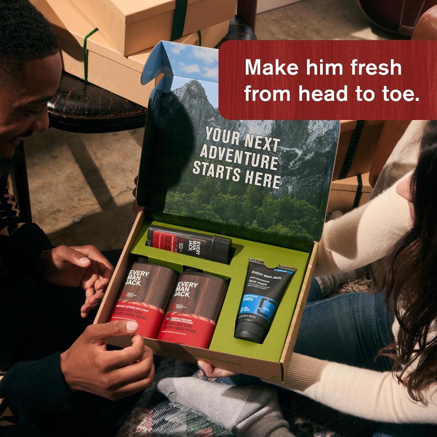 Set de Regalo Every Man Jack para Hombres - Gel de Ducha, Champú 2 en 1, Desodorante y Limpiador Facial - Aroma Cedro y Salvia Roja