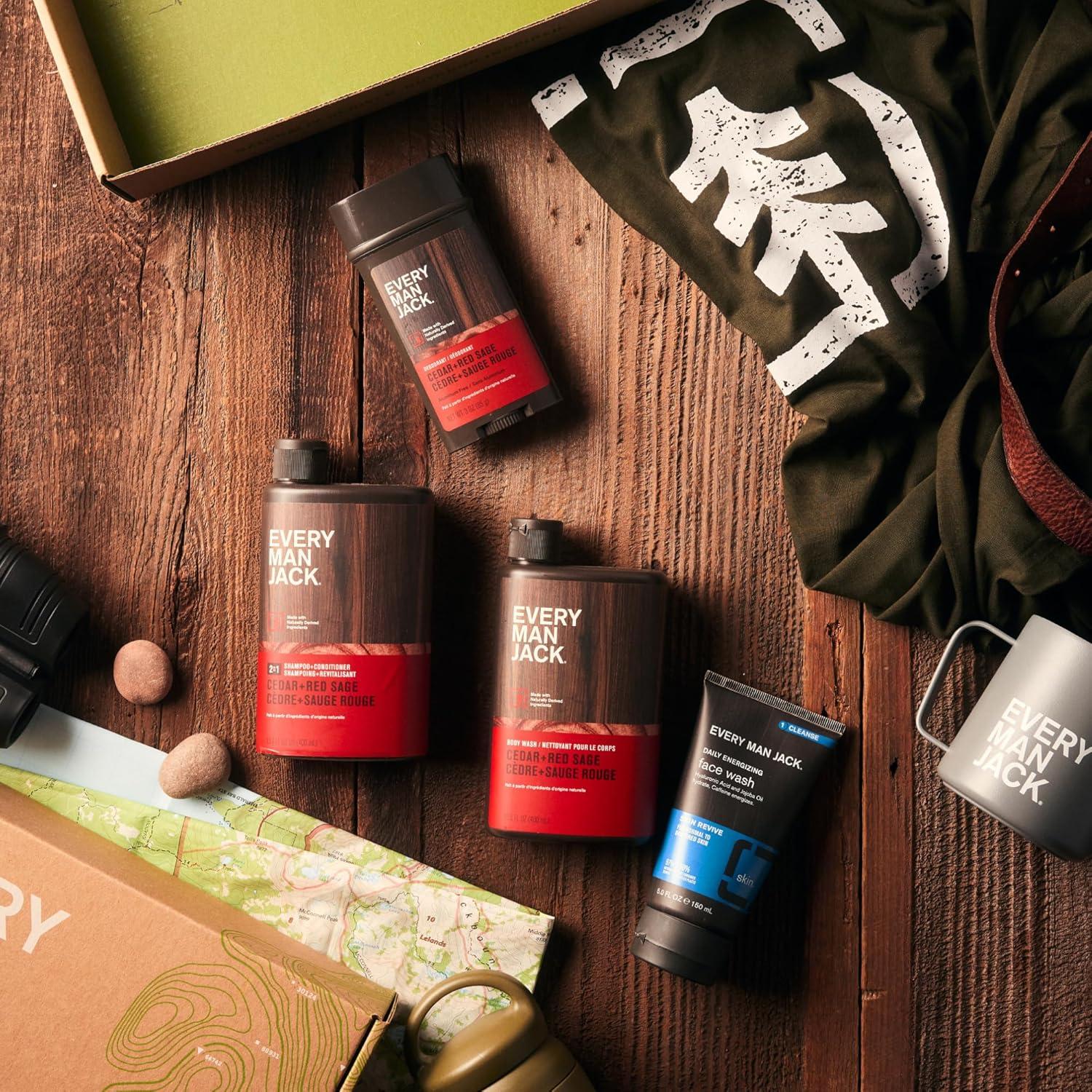 Set de Regalo Every Man Jack para Hombres - Gel de Ducha, Champú 2 en 1, Desodorante y Limpiador Facial - Aroma Cedro y Salvia Roja
