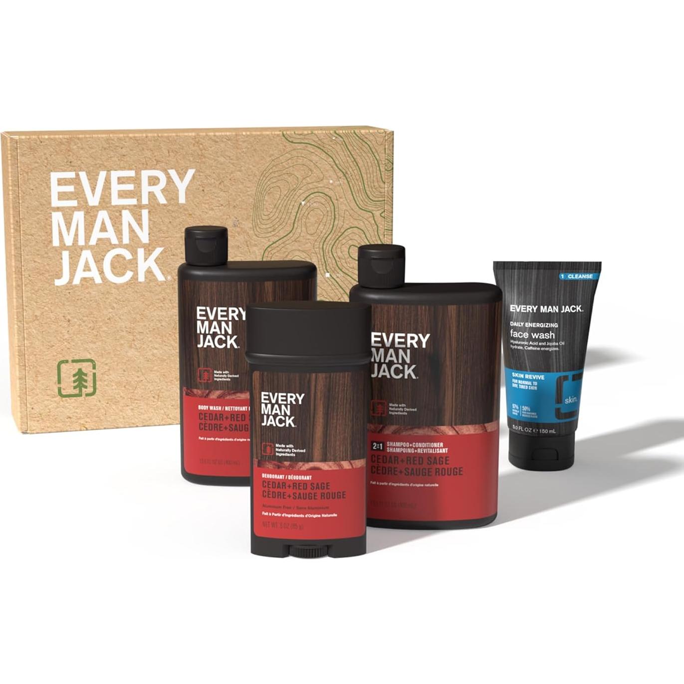 Set de Regalo Every Man Jack para Hombres - Gel de Ducha, Champú 2 en 1, Desodorante y Limpiador Facial - Aroma Cedro y Salvia Roja