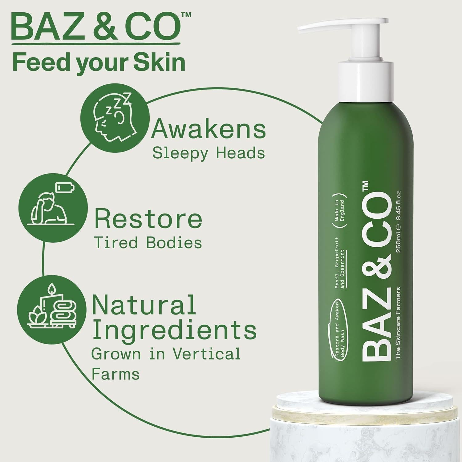 Gel de Ducha Hidratante BAZ & CO 250 ml - Albahaca, Pomelo y Menta