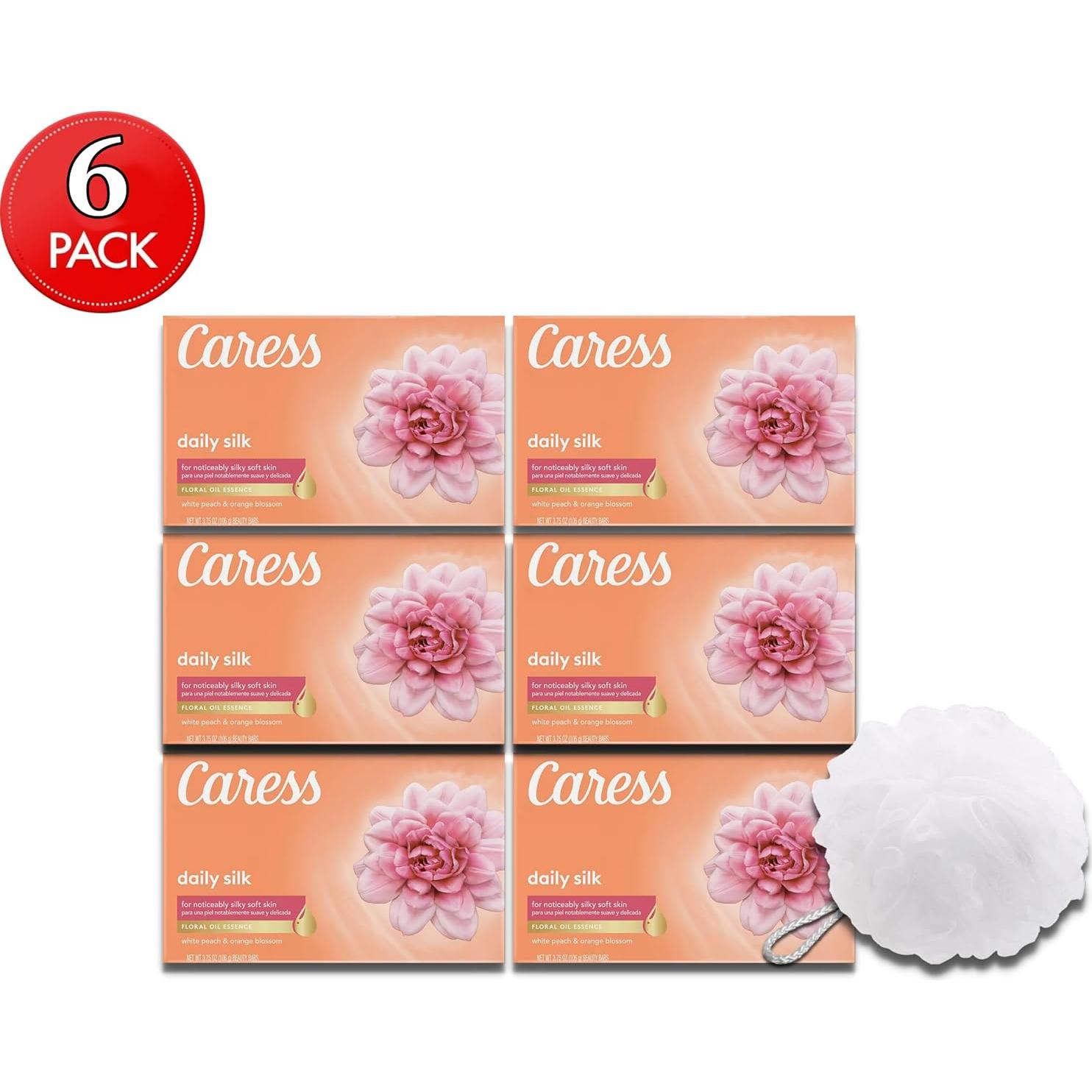 Jabón Caress Daily Silk con Esponja de Baño - 6 Piezas