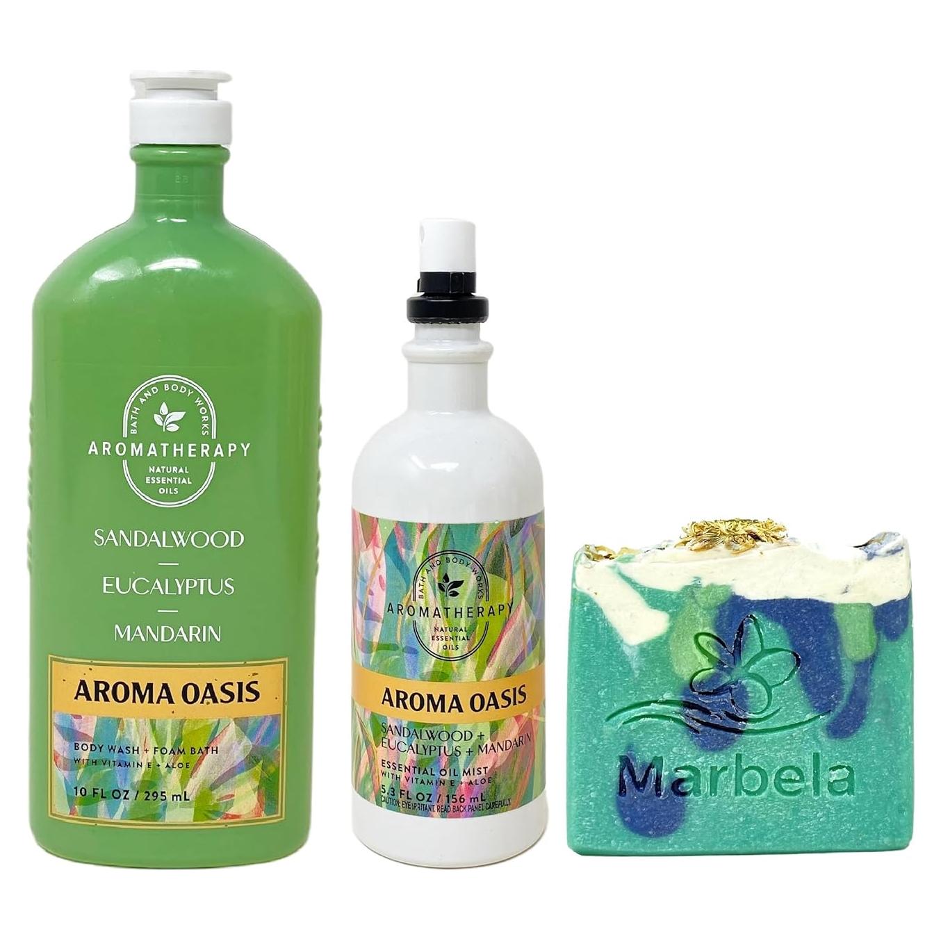 Set Aromaterapia Baño y Cuerpo Trabajos Sándalo Eucalipto Mandarina