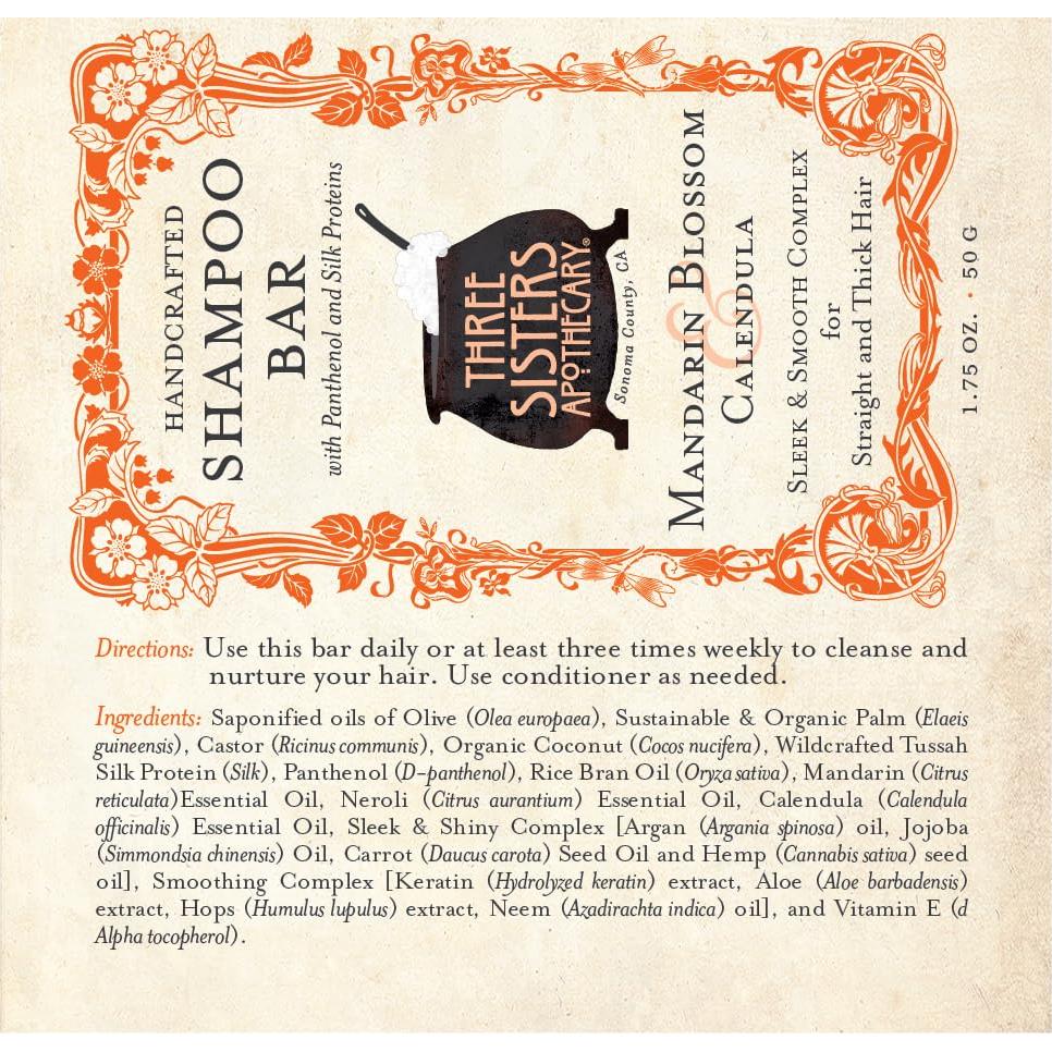 Barra de Champú Sólida Natural Three Sisters 49.6g - Mandarina y Caléndula