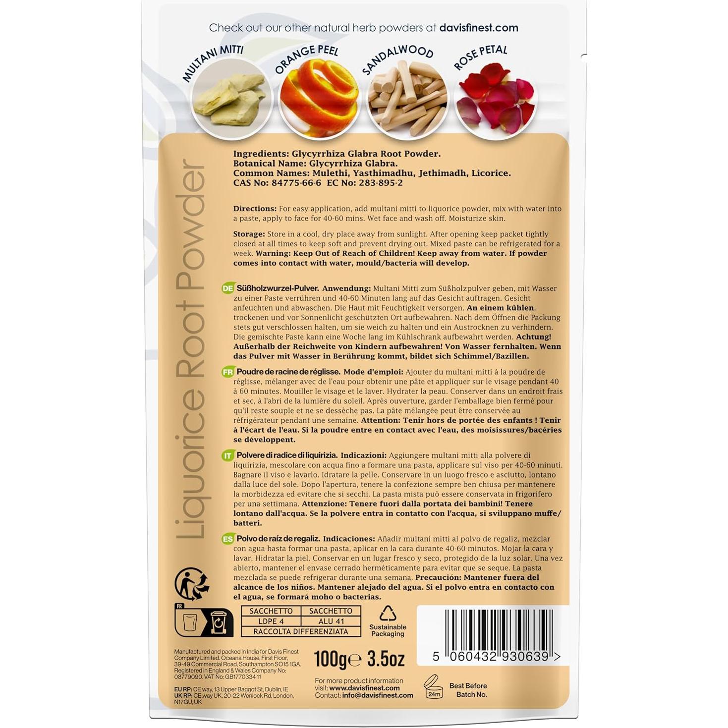 Polvo de Raíz de Regaliz Orgánico Davis Finest 100g - Aclarado de Piel