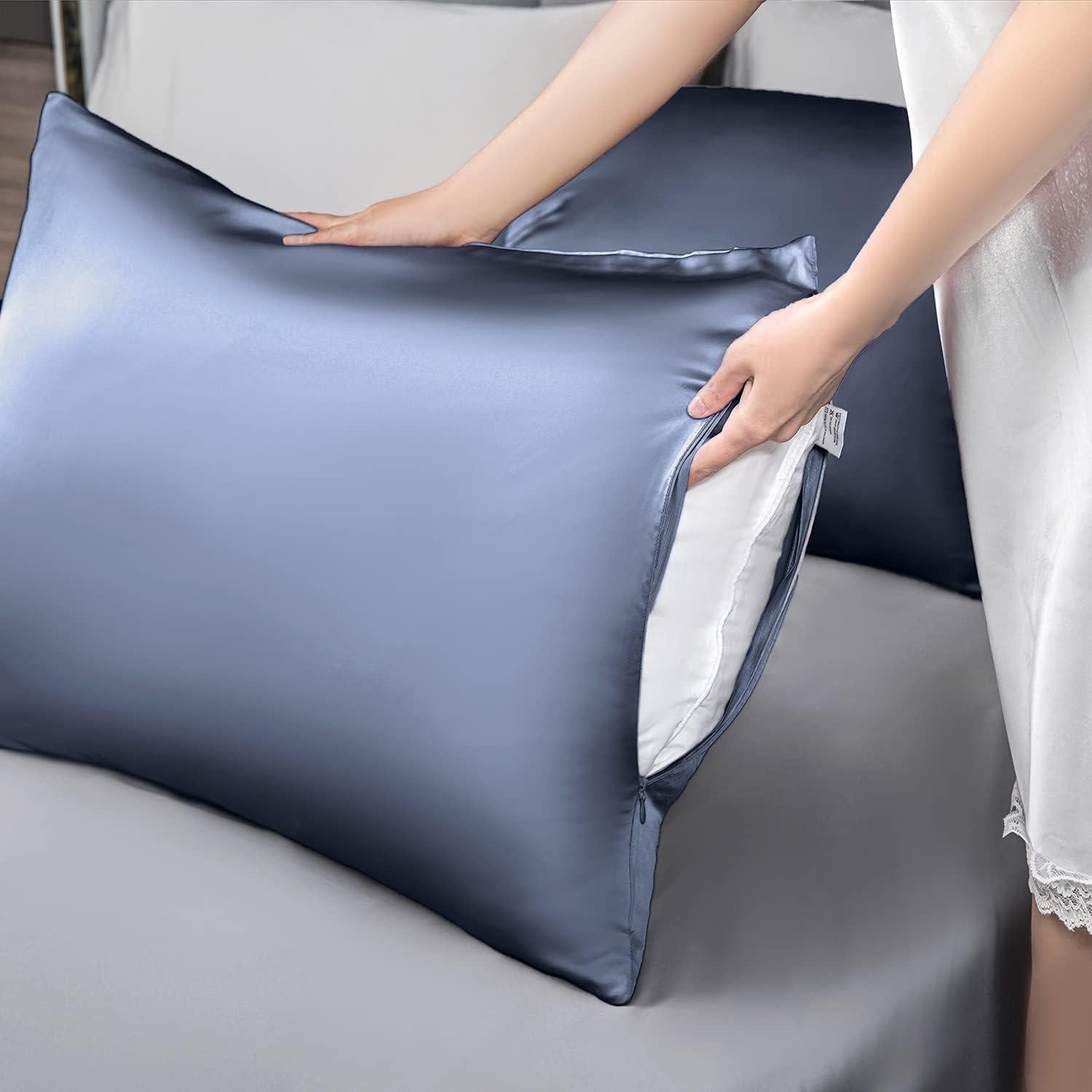 Funda de Almohada de Seda SIYUAN Cuerpo Azul Grisáceo Suave