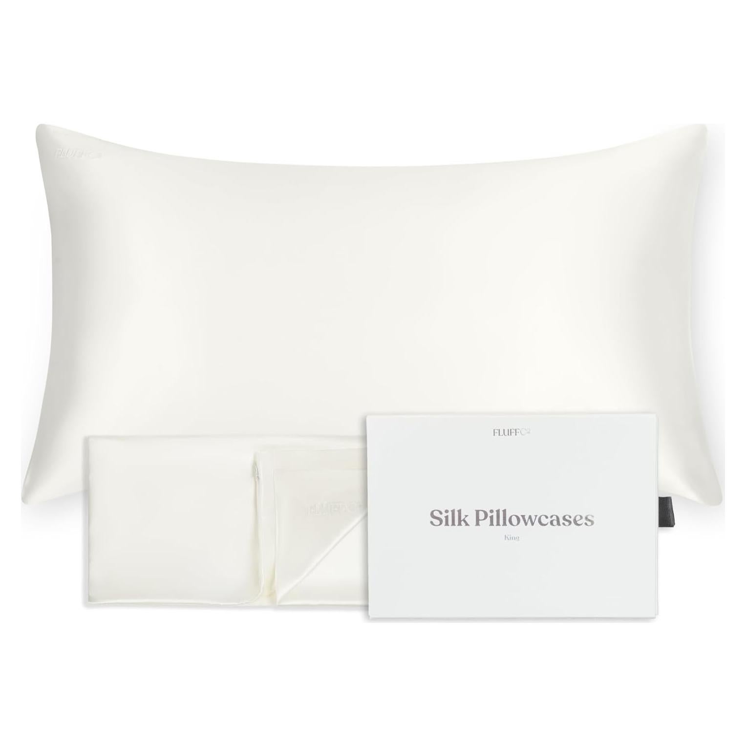 Funda de Almohada de Seda Pura FluffCo King 22 Momme Blanca