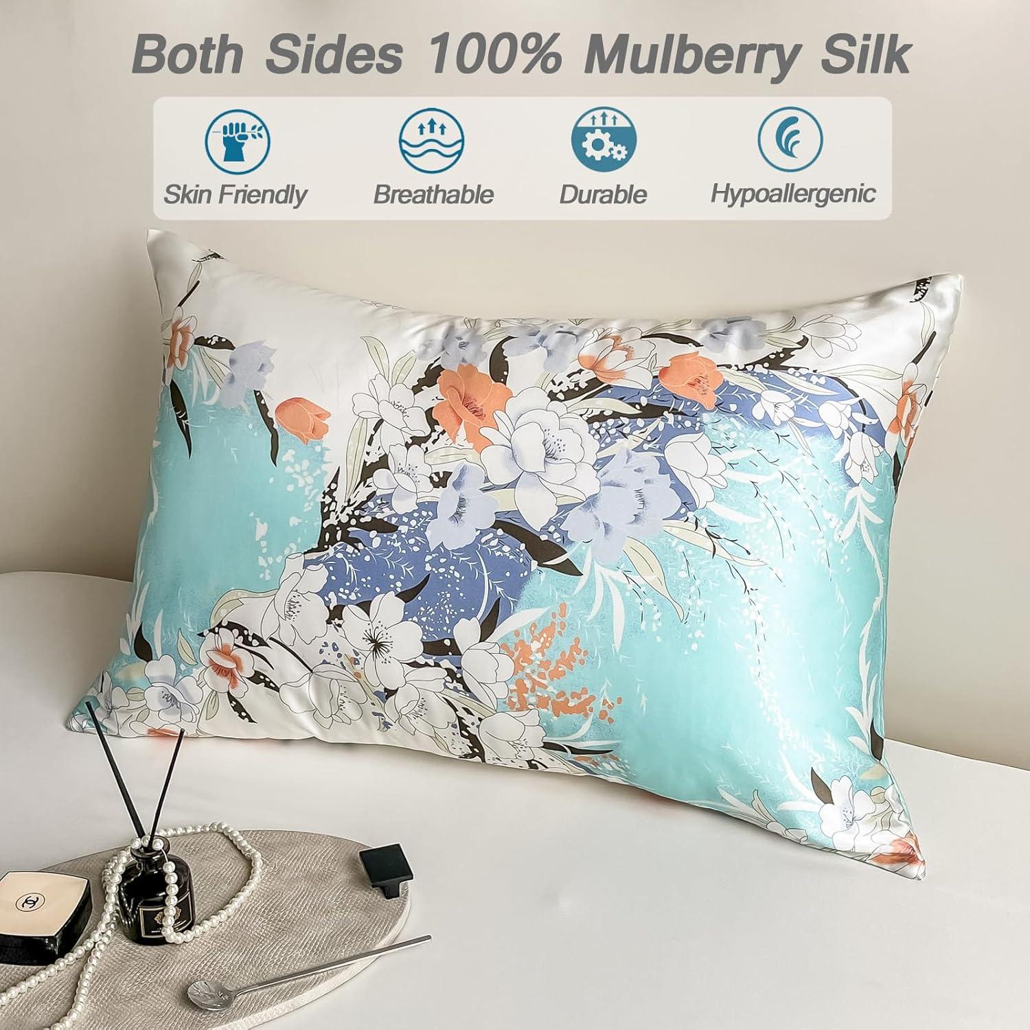 Funda de Almohada de Seda de Morera NYCCTOKE King Floral 51x91 cm