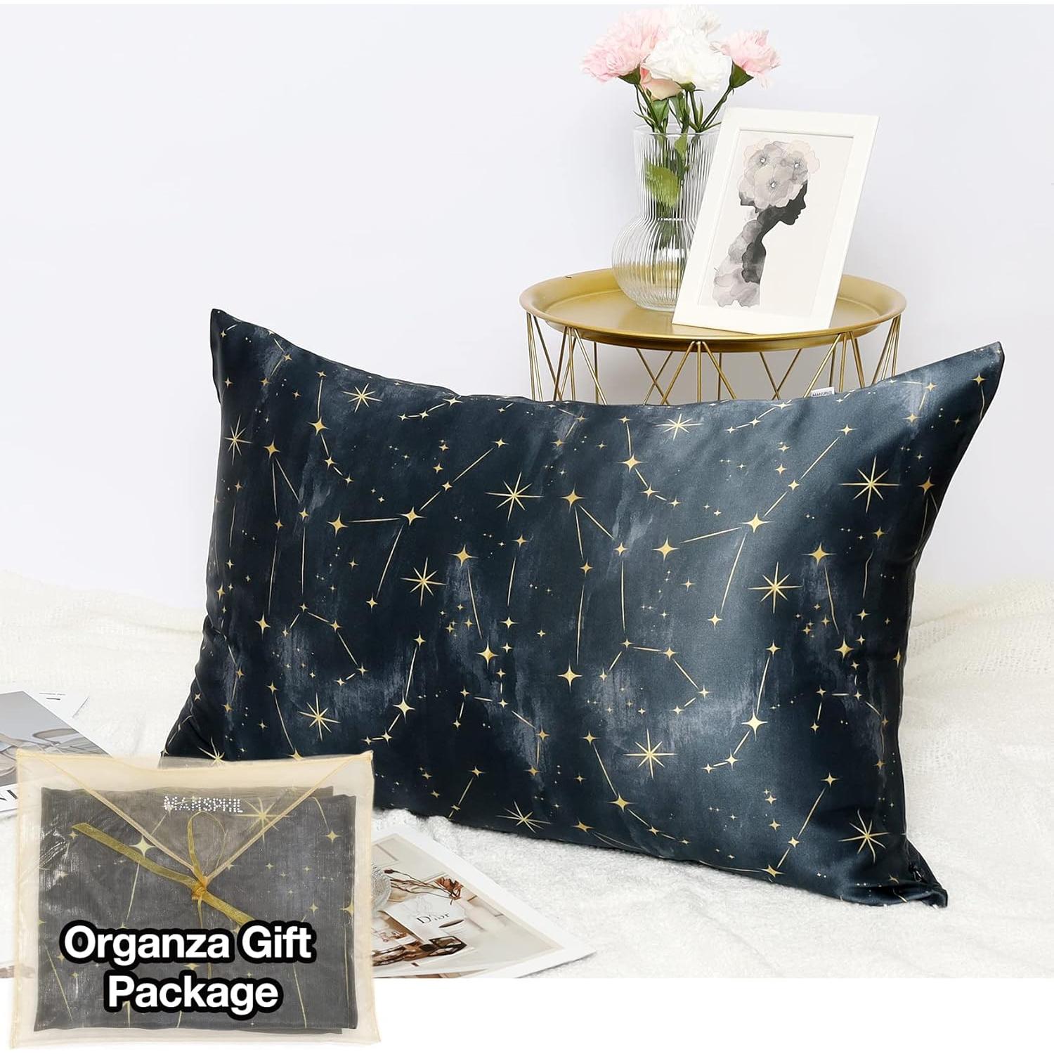 Funda de Almohada de Seda 100% Morera MANSPHIL Queen Galaxia Negra