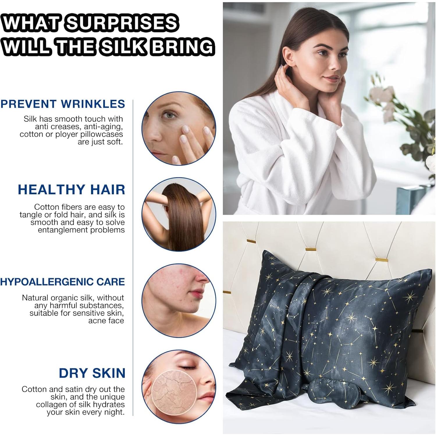 Funda de Almohada de Seda 100% Morera MANSPHIL Queen Galaxia Negra