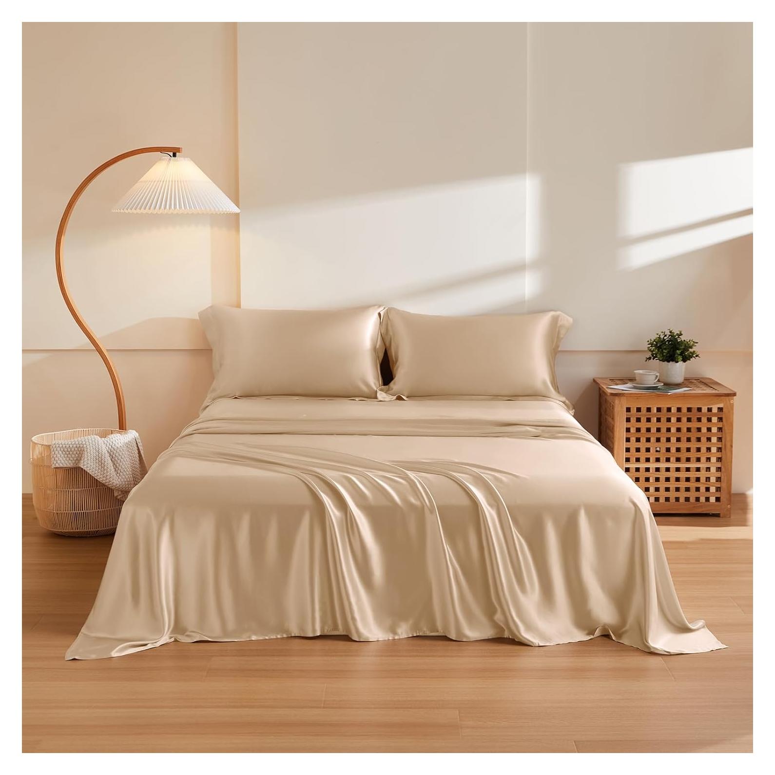 Juego de Sábanas de Seda THXSILK Reina 4 Piezas Champagne