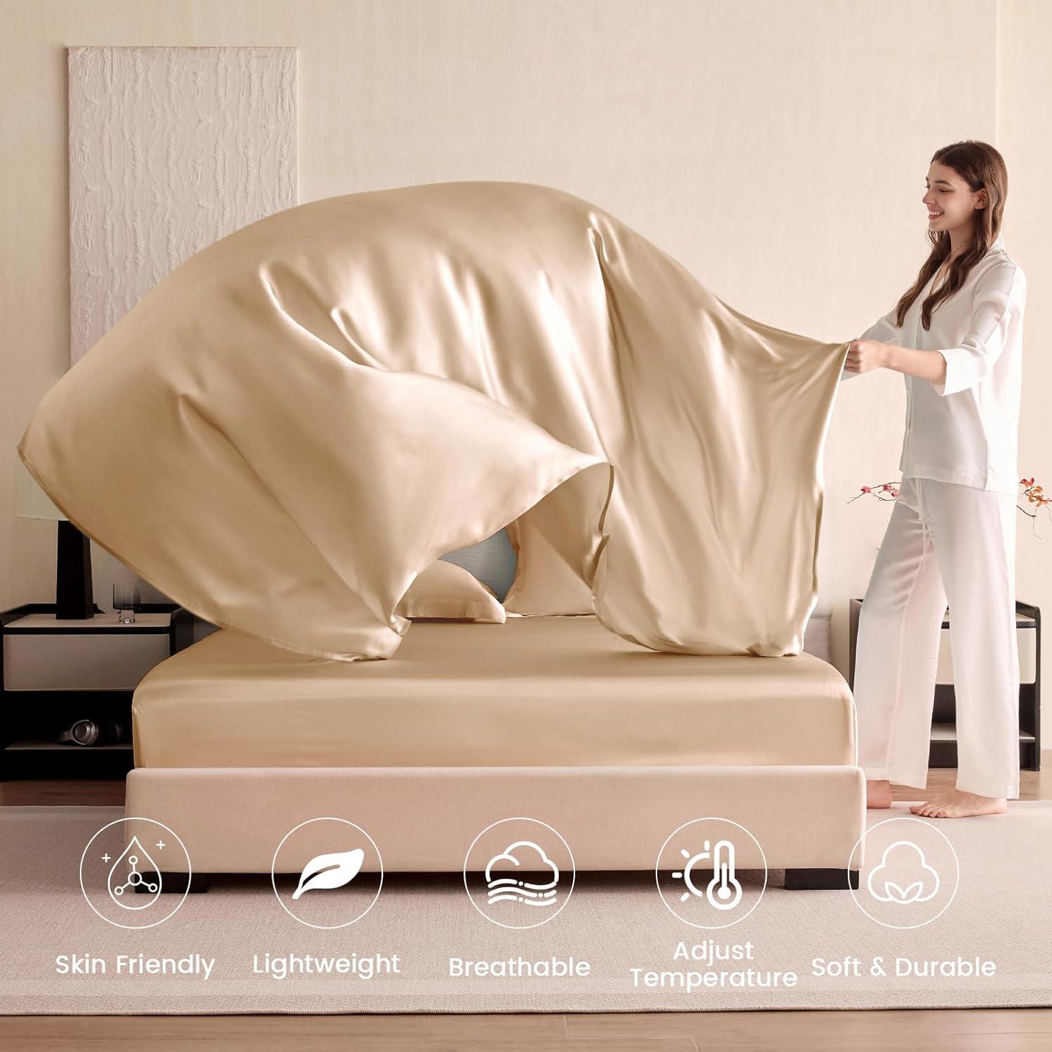 Juego de Sábanas de Seda THXSILK Reina 4 Piezas Champagne