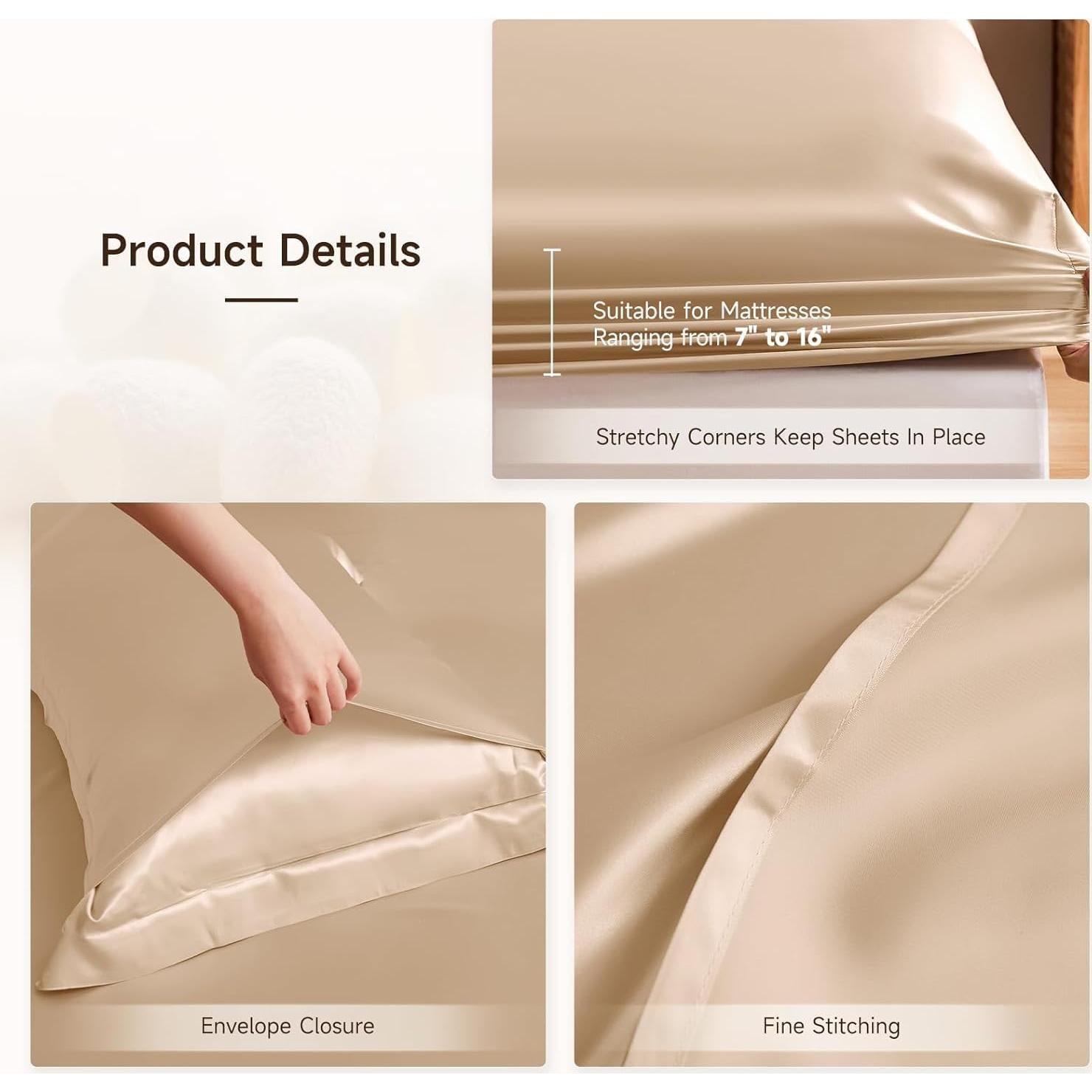 Juego de Sábanas de Seda THXSILK Reina 4 Piezas Champagne