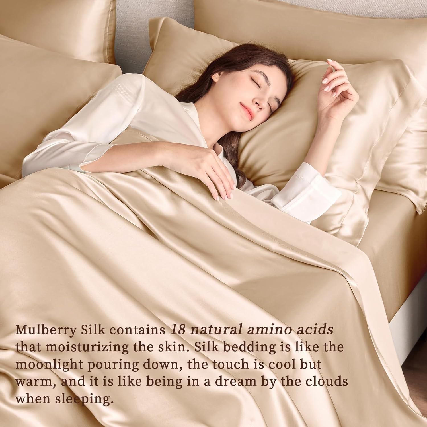 Juego de Sábanas de Seda THXSILK Reina 4 Piezas Champagne