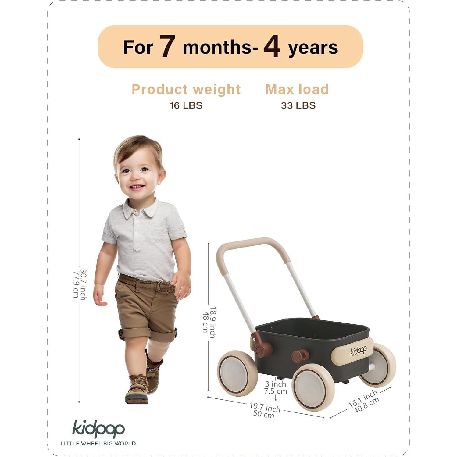 PULA Baby Push Walker with Wheels Toddler Wagon for First Learner Baby Toys 6-12 Months, 1 Year Old Birthday Gifts, Indoors and Outdoors (Black)