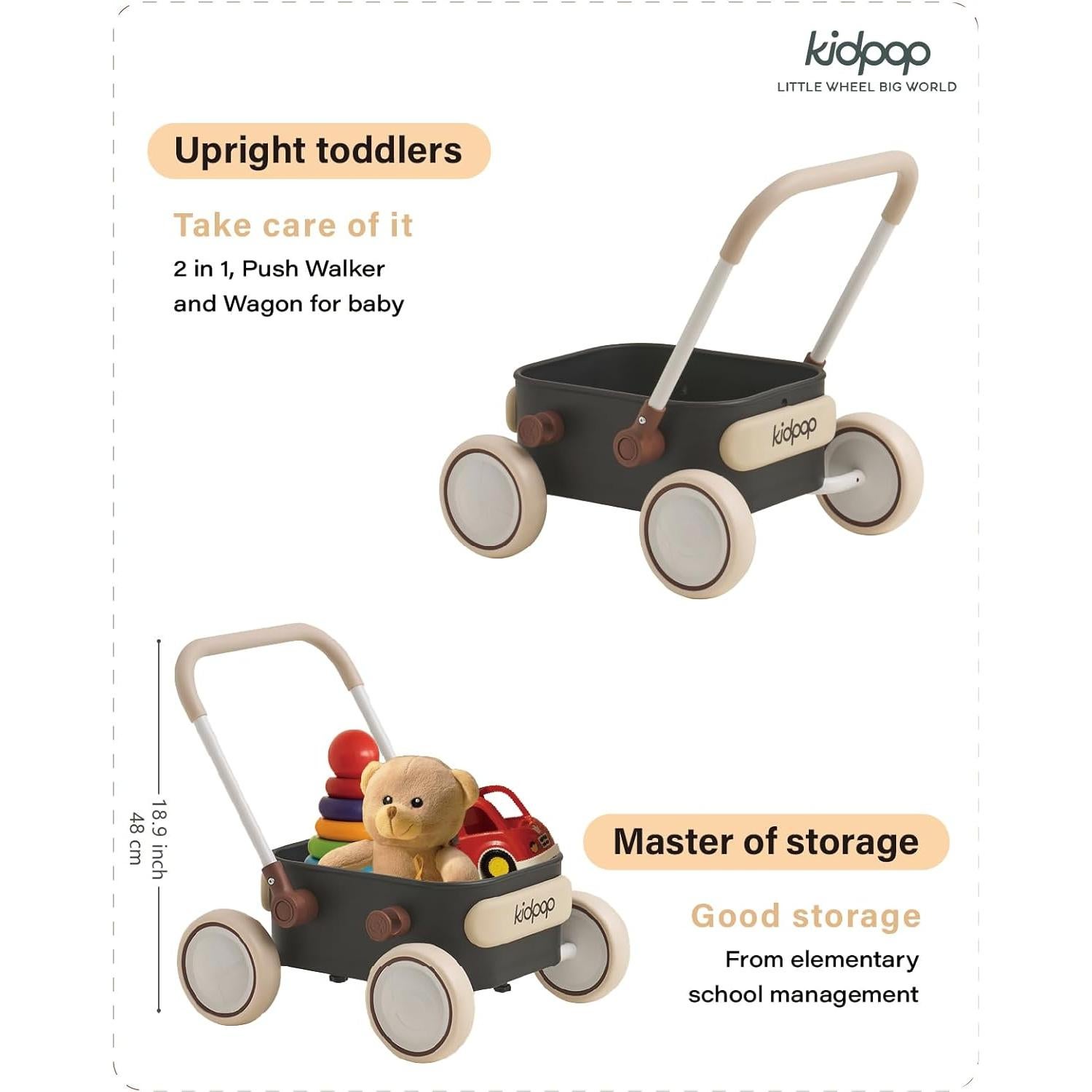 PULA Baby Push Walker with Wheels Toddler Wagon for First Learner Baby Toys 6-12 Months, 1 Year Old Birthday Gifts, Indoors and Outdoors (Black)