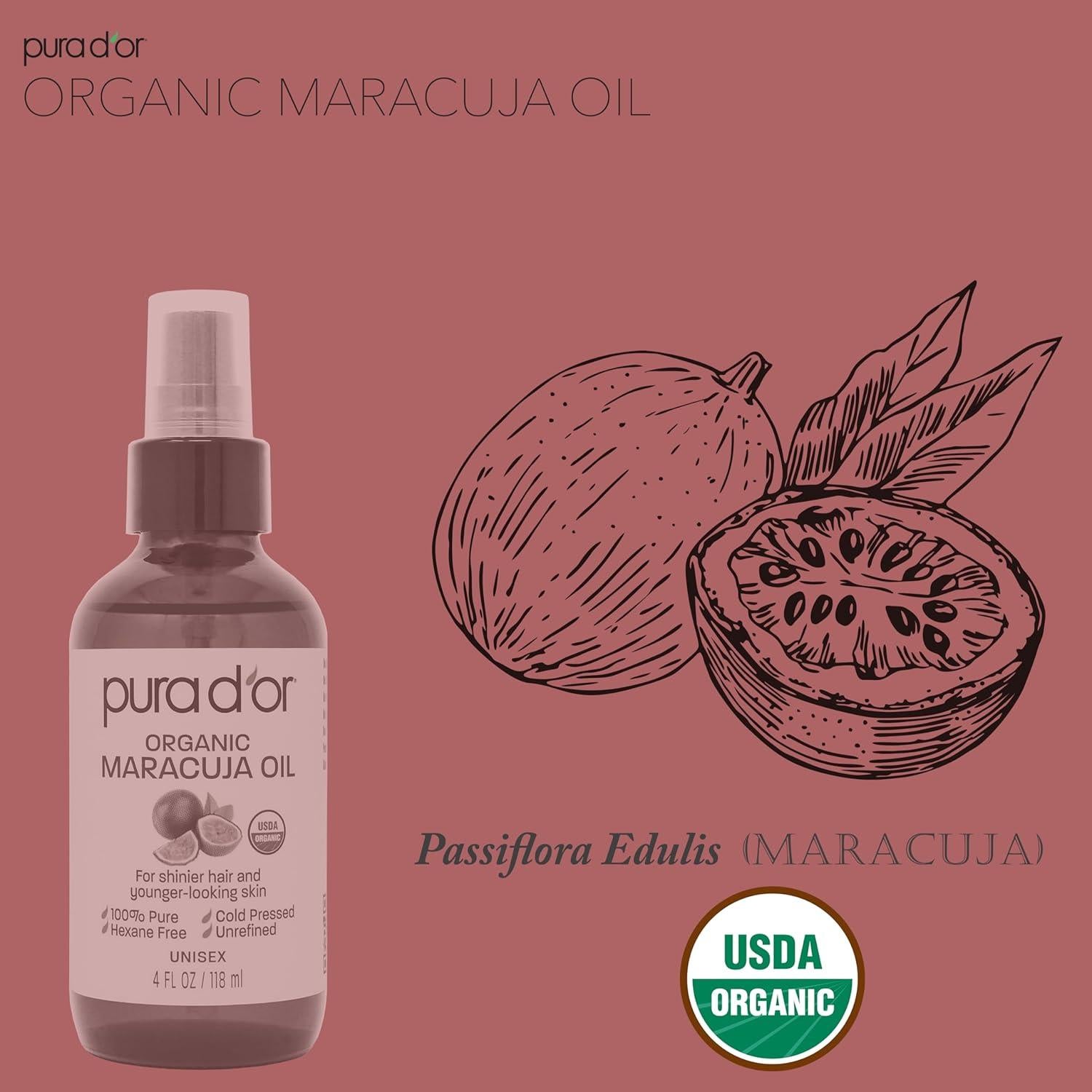 Aceite Orgánico de Maracuyá PURA D'OR 118 ml - Hidratante Facial y Capilar
