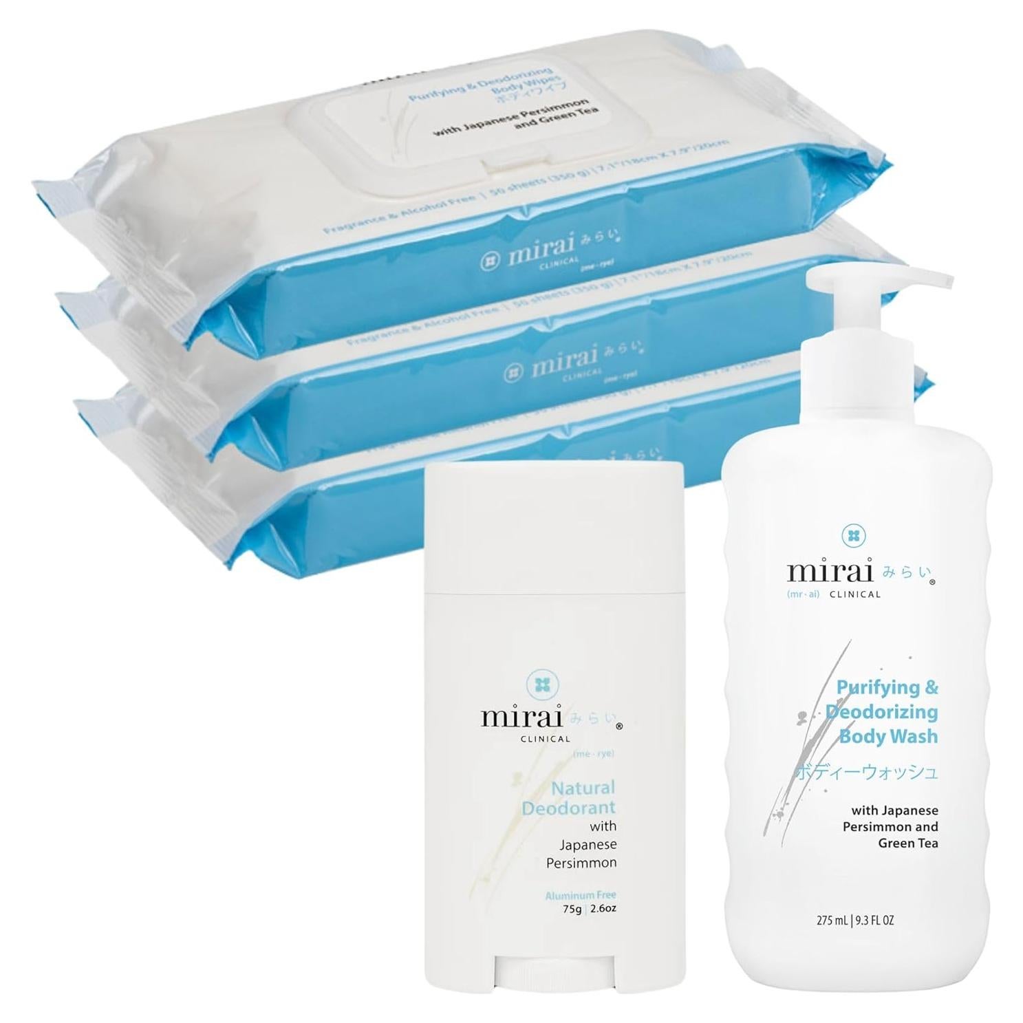 Paquete de Frescura Definitiva Mirai Clinical - Toallitas, Desodorante y Gel de Ducha