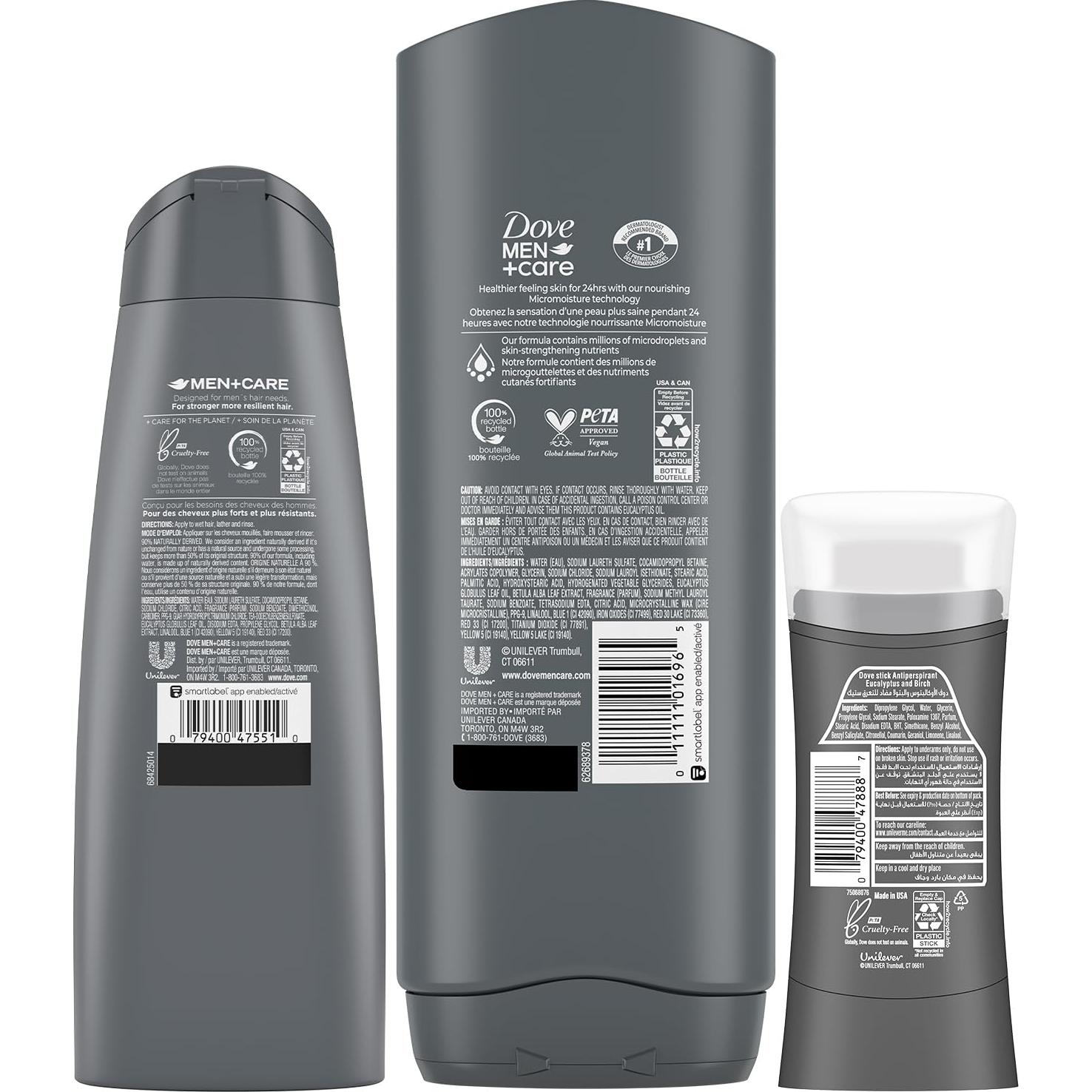 Dove Men + Care Paquete Eucalipto - Gel de Ducha 510ml, Champú 355ml, Desodorante 74g
