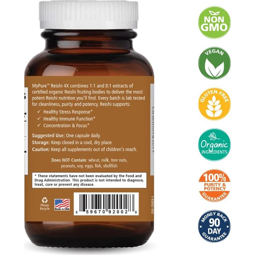 Suplemento Orgánico de Hongos Reishi 4X Pure Essence Labs 60 Cápsulas