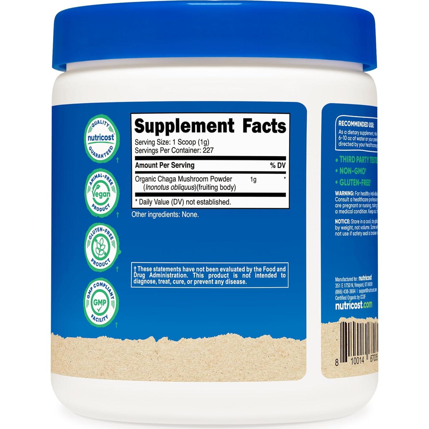 Nutricost Polvo de Hongo Chaga Orgánico 226.8g - Sin Gluten