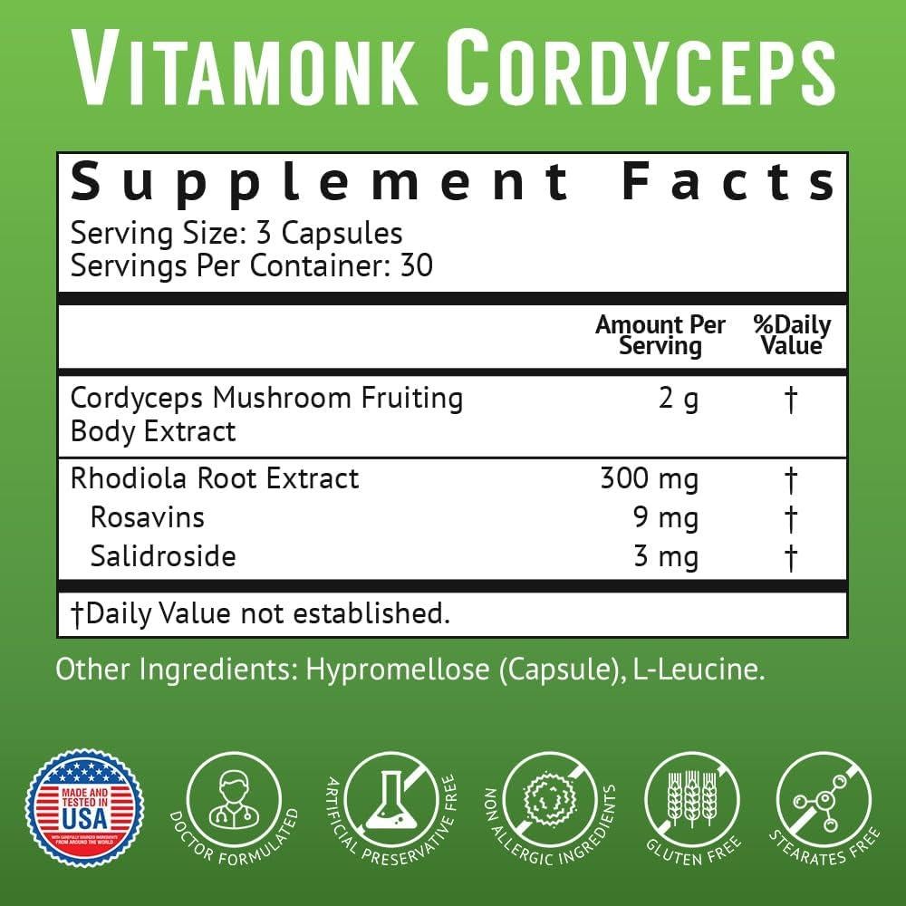 Cápsulas de Hongo Cordyceps VitaMonk 2000mg con Rhodiola - 90 Caps